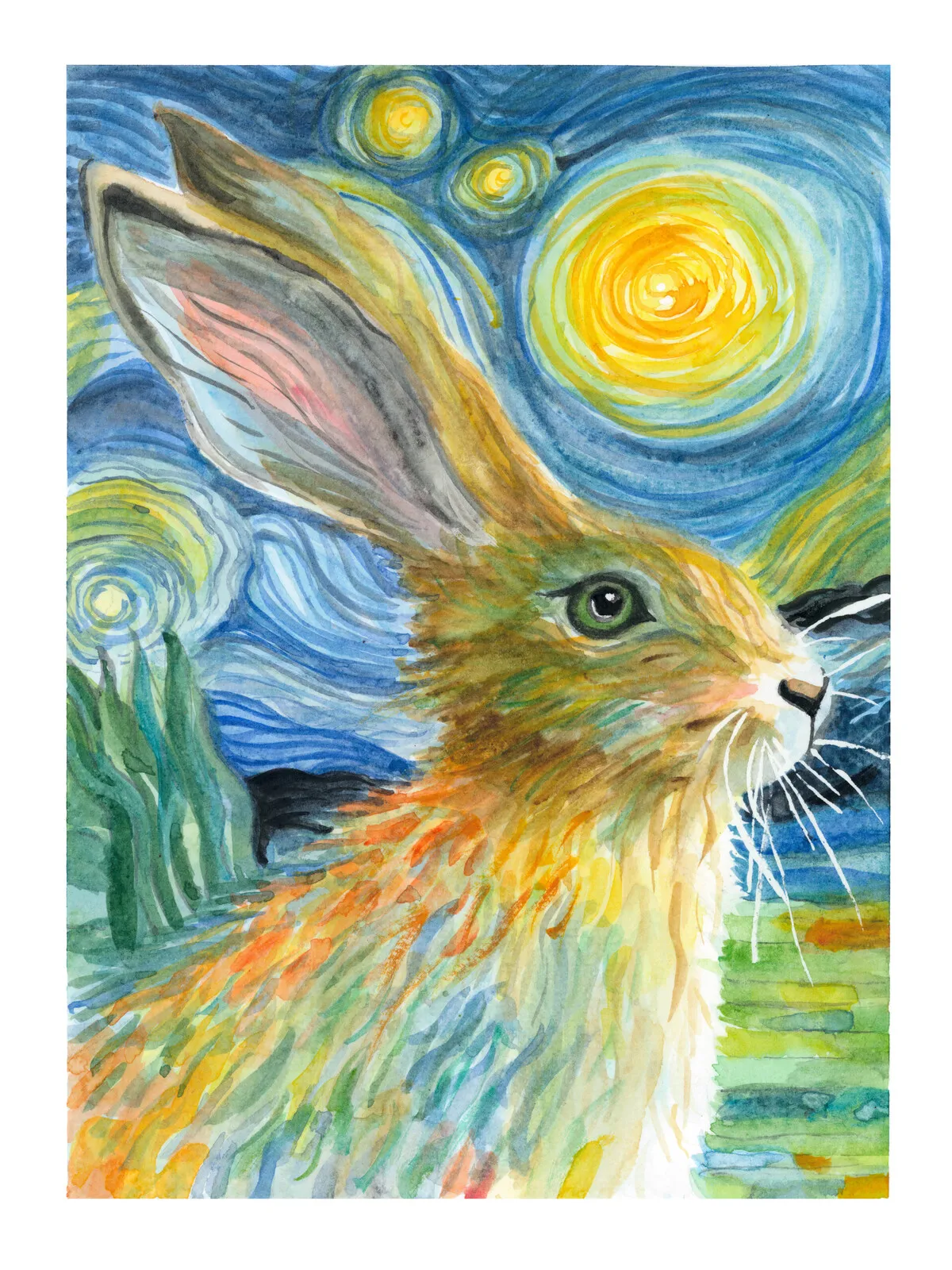 Akvarell Starry Hare Night av Johan Stridh