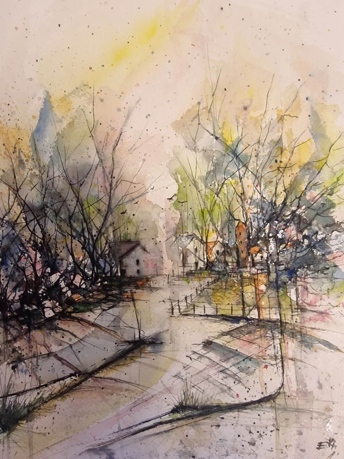 Akvarell The Village in the Woods-Akvarell av Emir Kerenovic