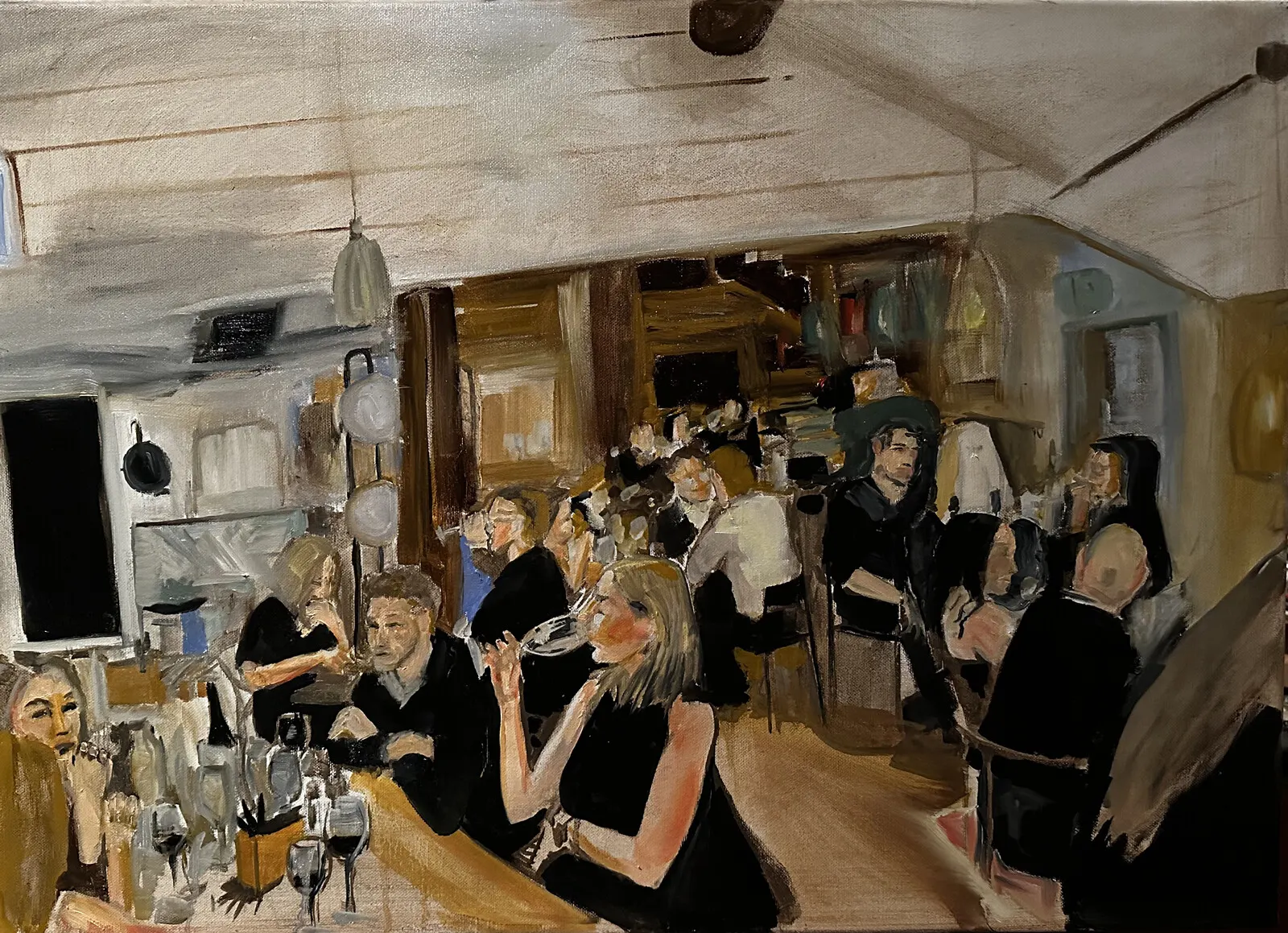Oljemålning Skoogs Bistro nyår 2023 av Jonas Olson