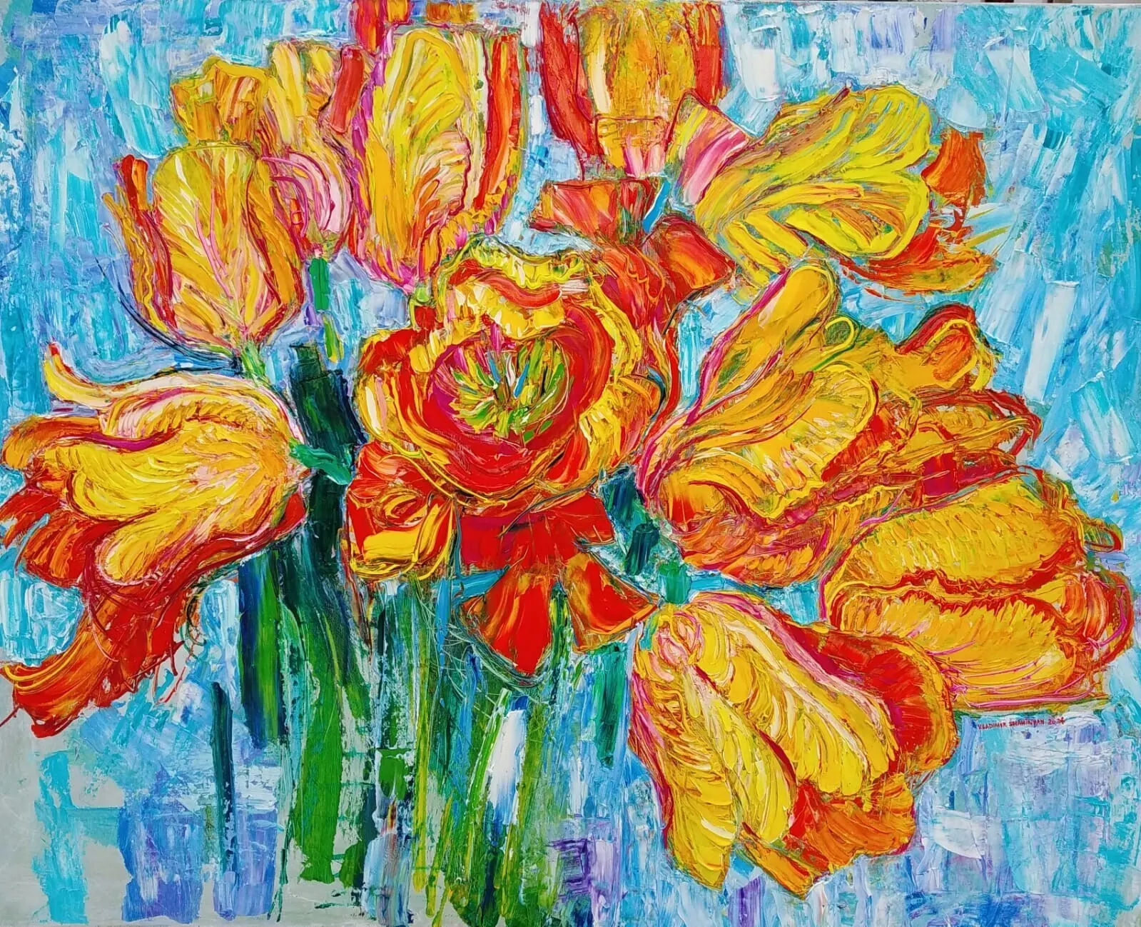 Oljemålning Yellow-Red XL Tulips av Vladimir Shahinyan