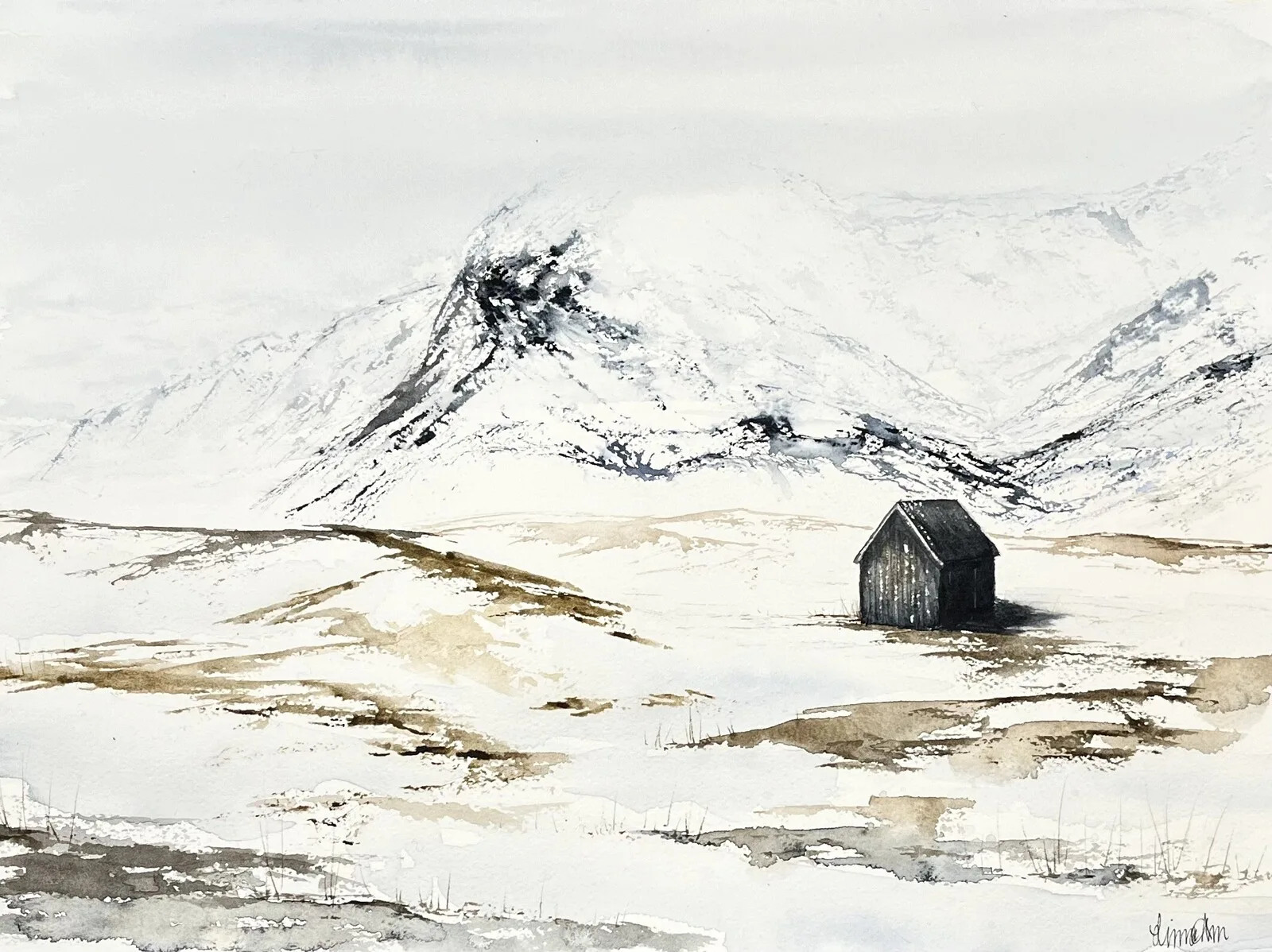 Akvarell Enslig stuga av Linnea Alm