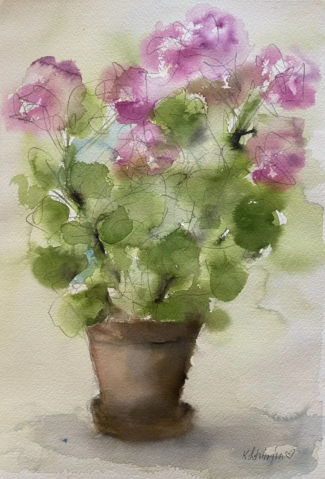 Akvarell Rosa pelargon av Karolina Lohiniva