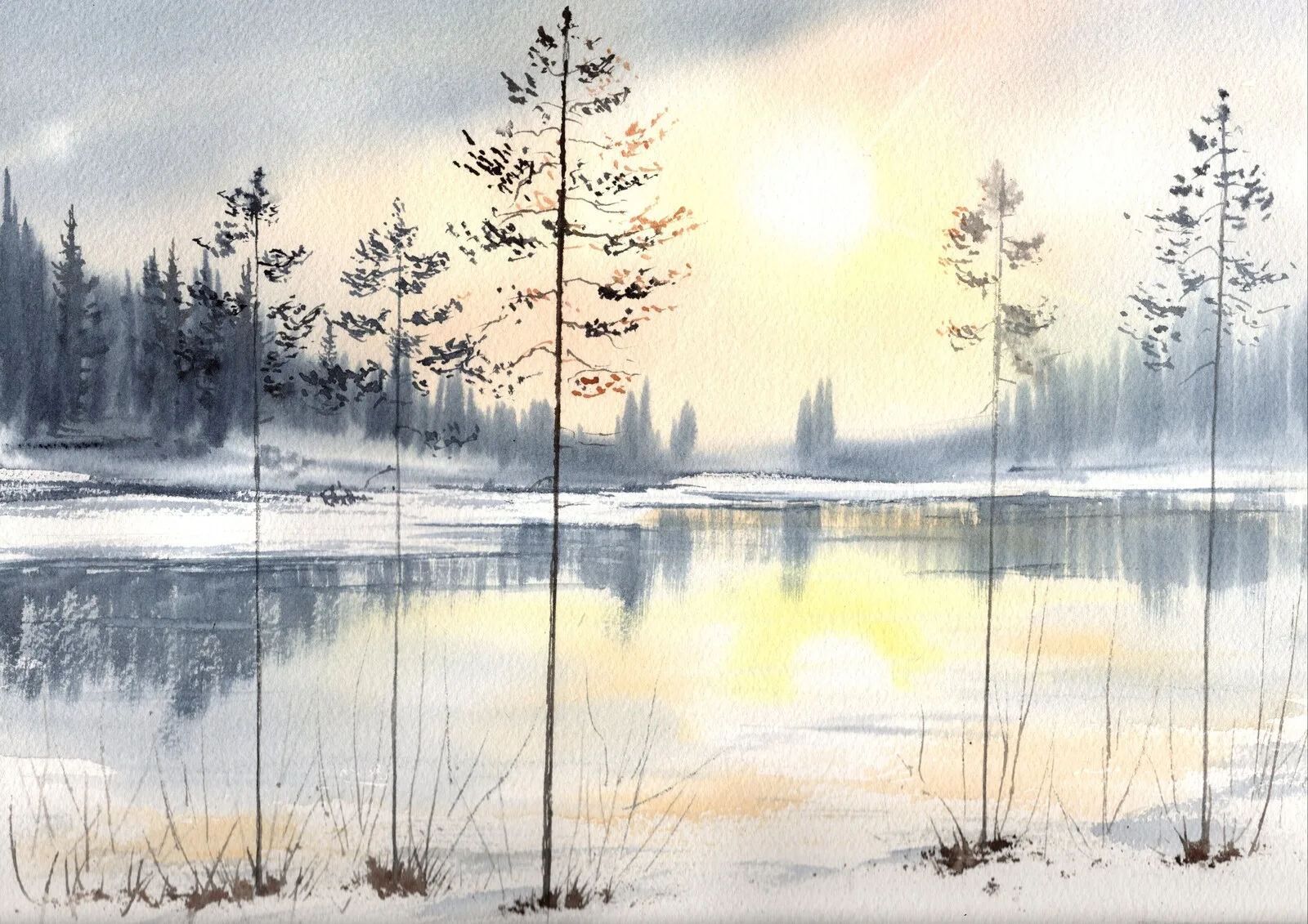 Akvarell Solnedgång över Dalälven av Lotta Andersson