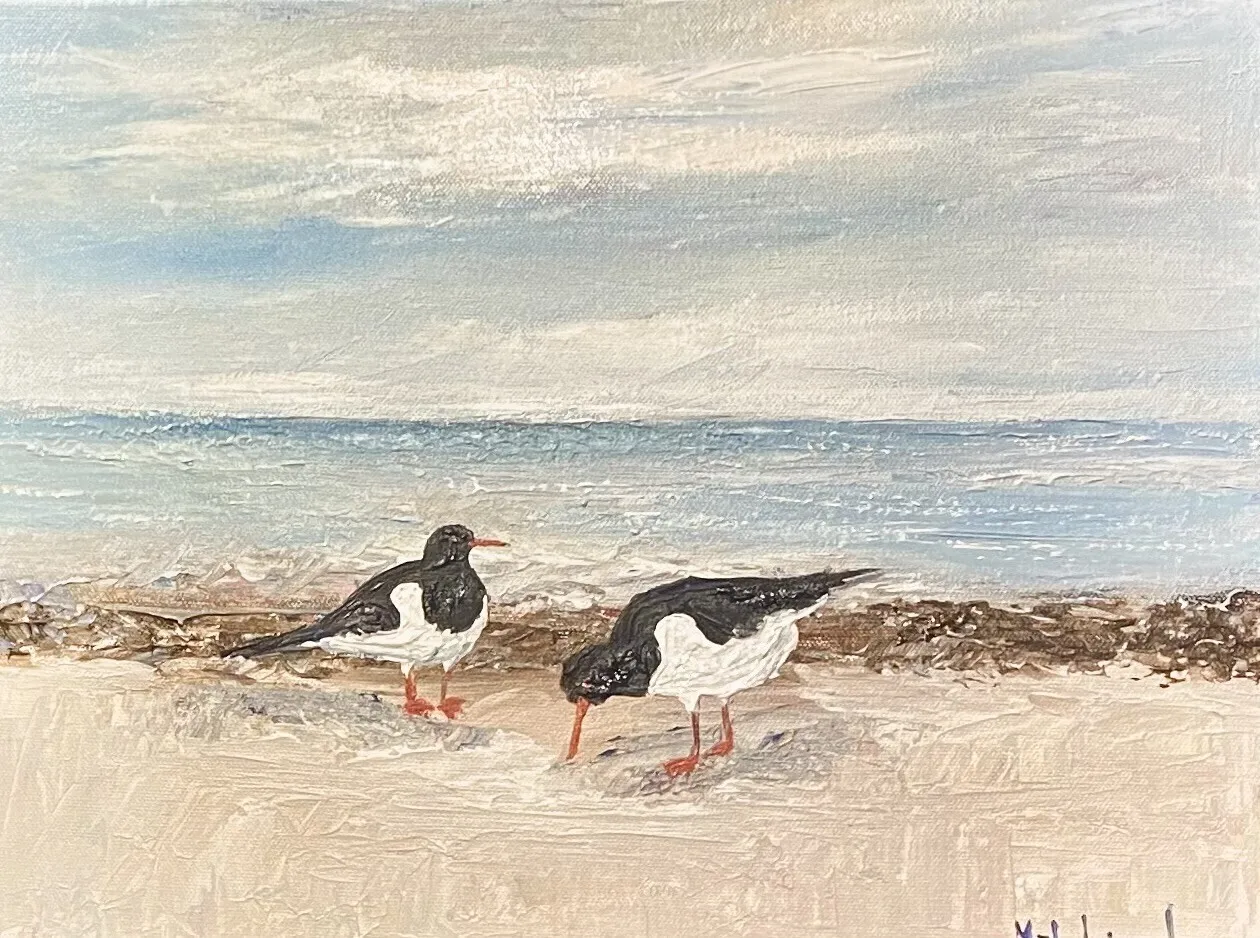 Akrylmålning Strandskatorna på Kvarnsand av Marie-Louise Ljungberg