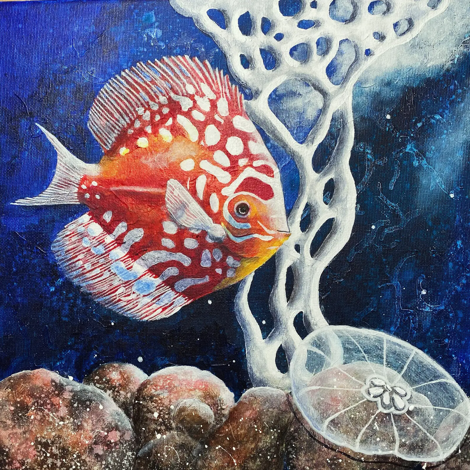 Akrylmålning Red Discus av Marie Bäckström Karlsson