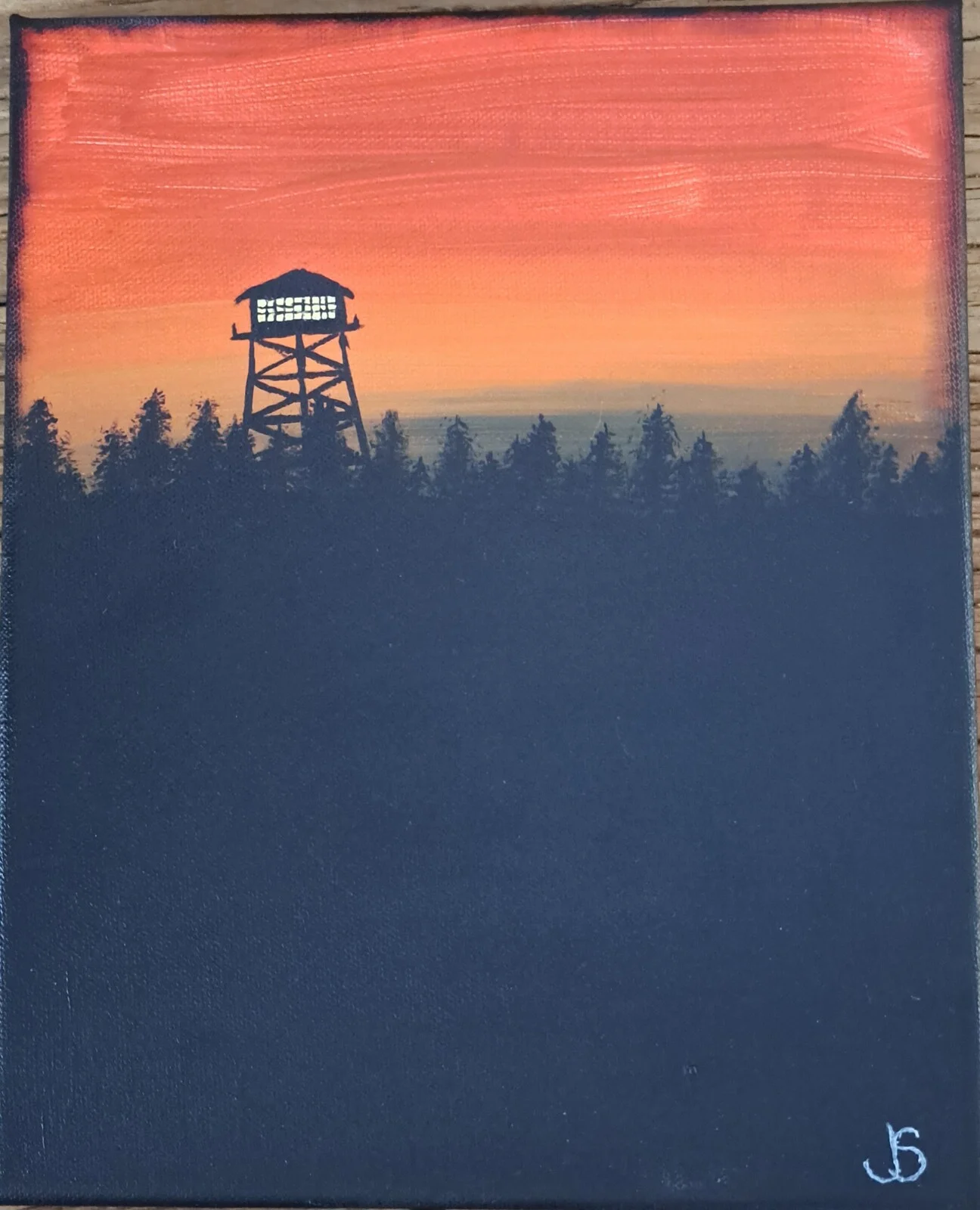 Akrylmålning Firewatch av Johanna Söderberg