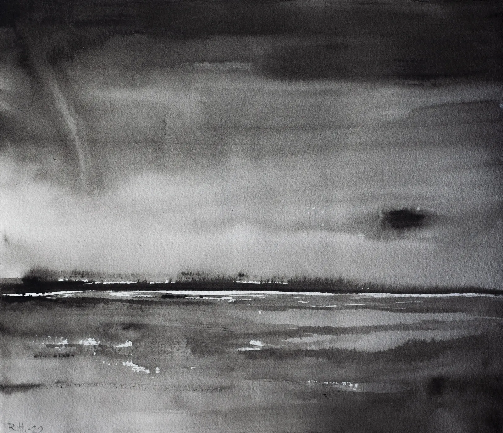 Akvarell Kvällning vid fälten av Robin