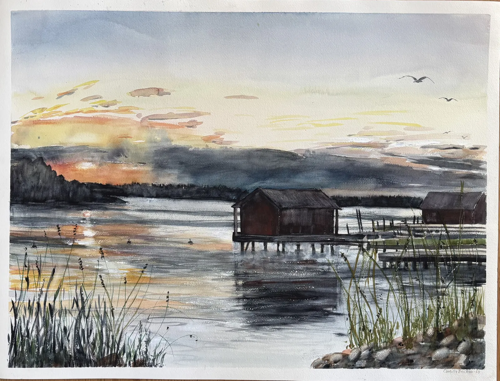 Akvarell Laggarsvik, skymning av Gunilla Broström