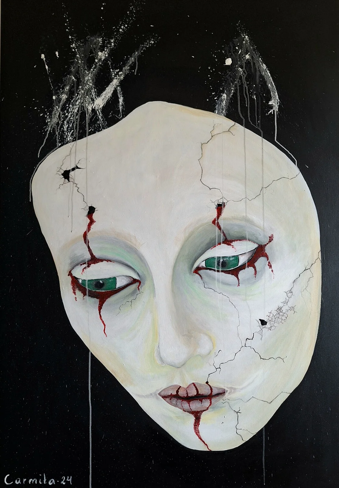 Akrylmålning När masken krackelerar av Carmita Hägneryd
