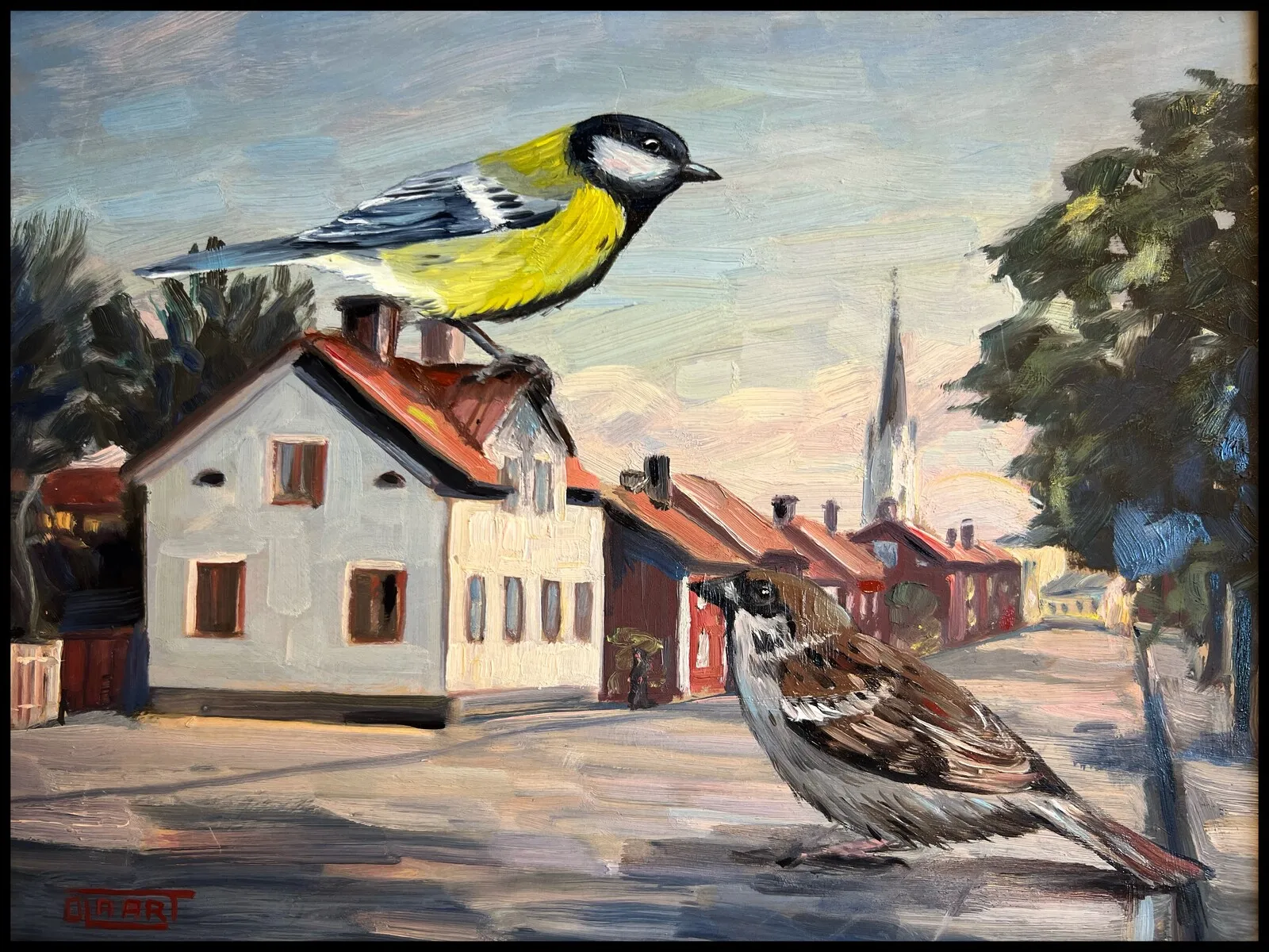 Oljemålning Det var dags att sluta mata fåglarna / Småfåglar av Ola Art