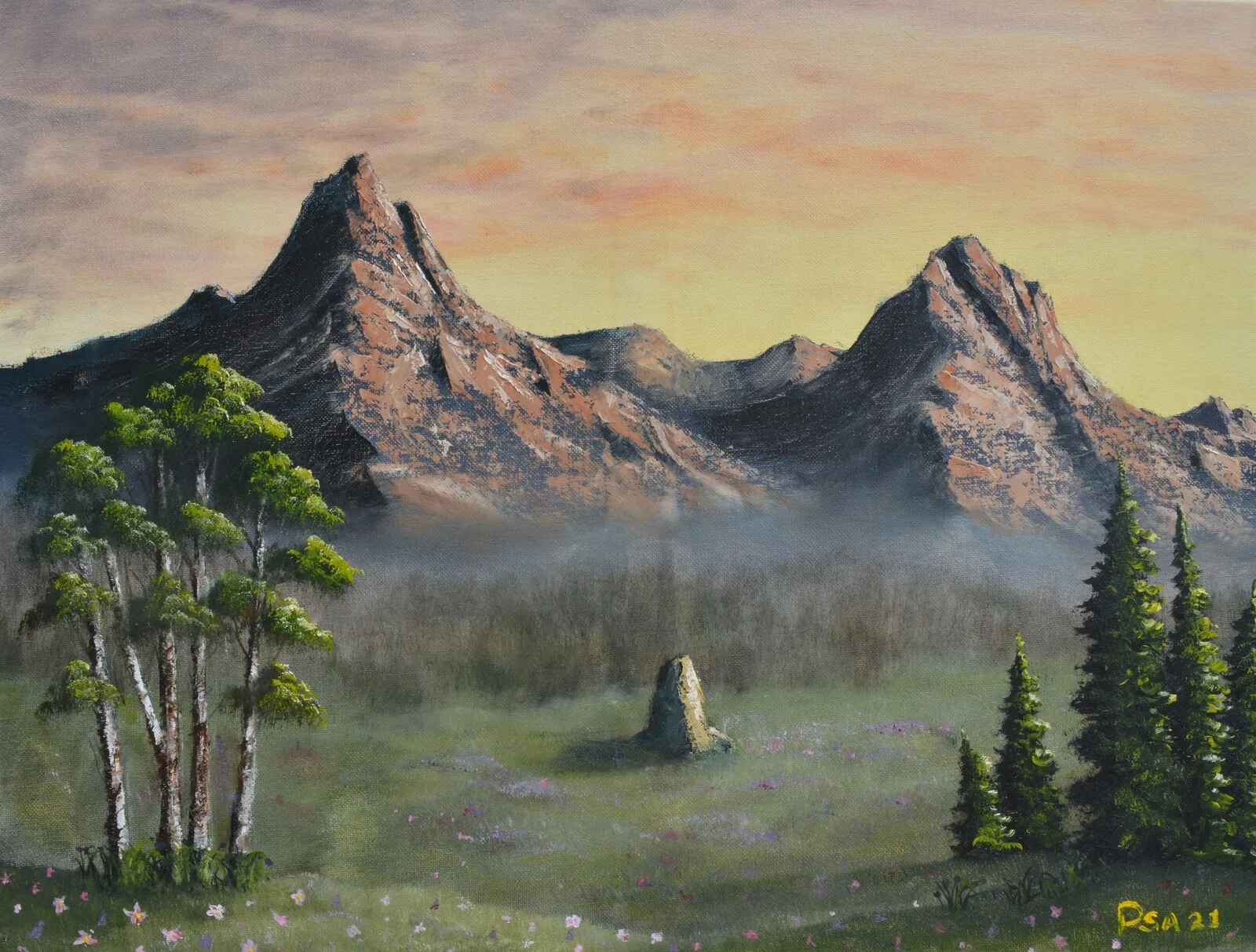 Oljemålning Solnedgång i bergen av Pernilla Sävestrand