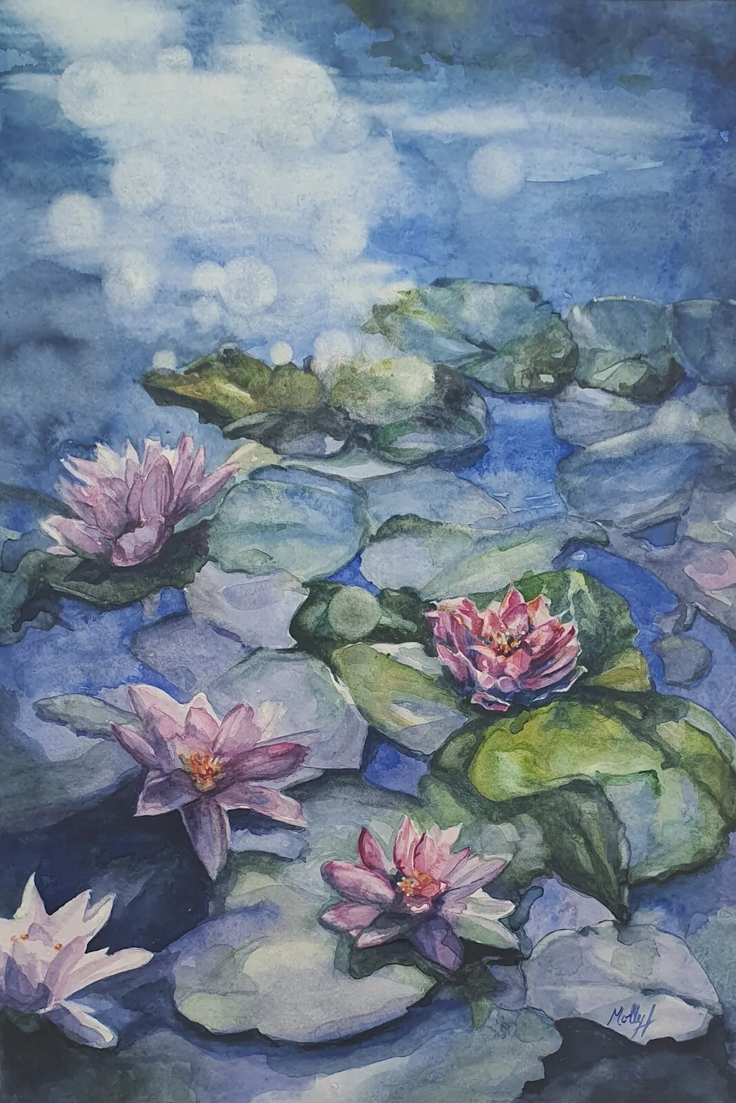 Akvarell Waterlilys and moonlight av Molly, Monika Hellgren