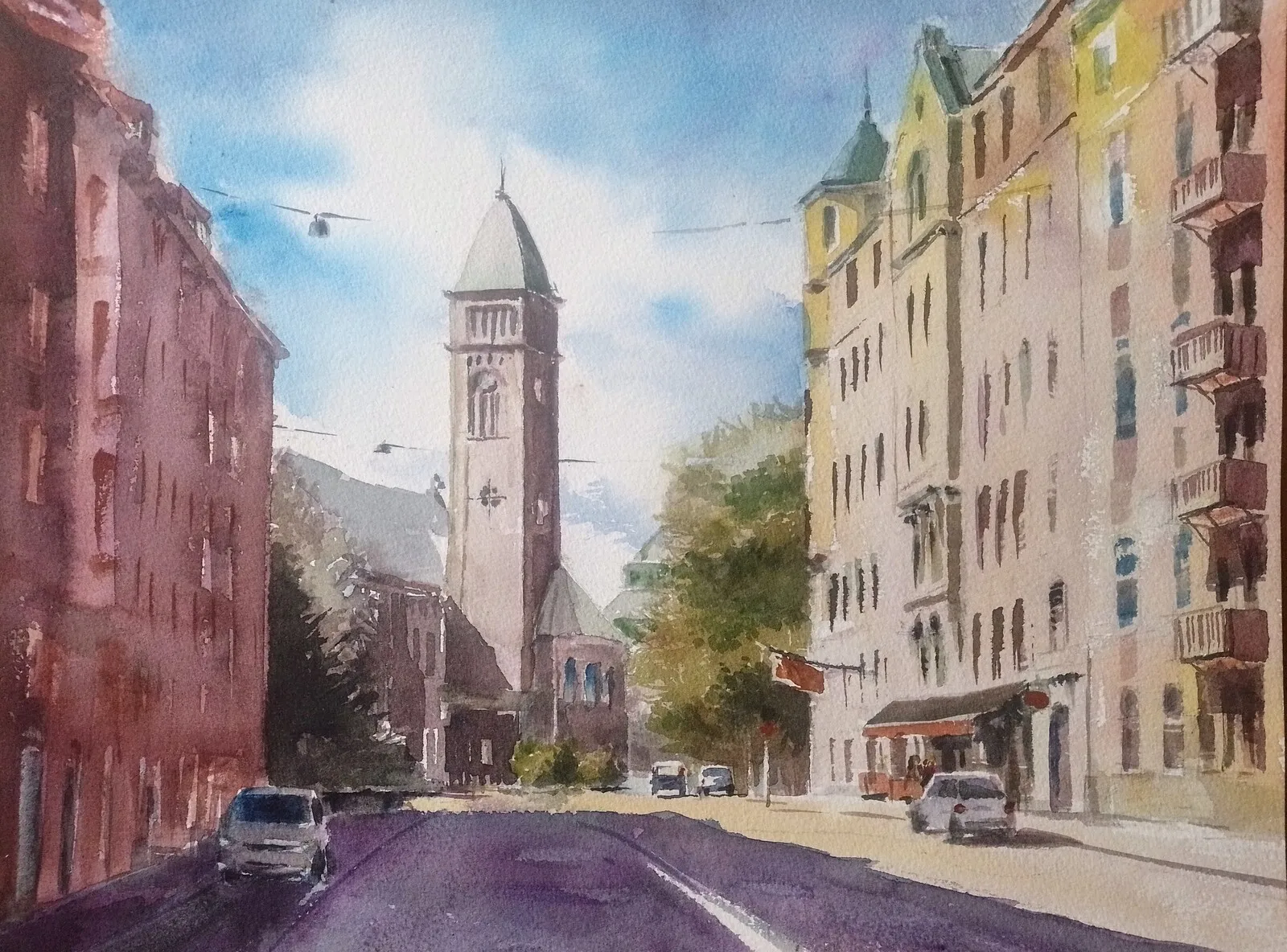 Akvarell Engelbrektsgatan och Vasakyrkan av Jugoslav Pavic