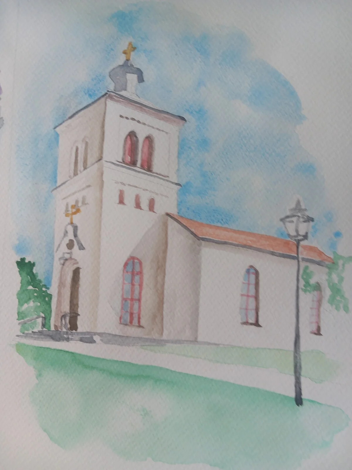 Akvarell Järstorps kyrka av Monica Haglund