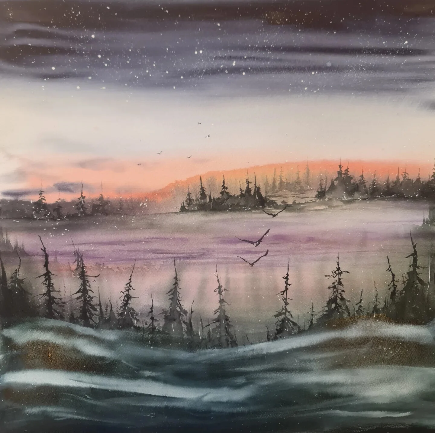Akvarell Misty Dawn av Pernilla Carlsson