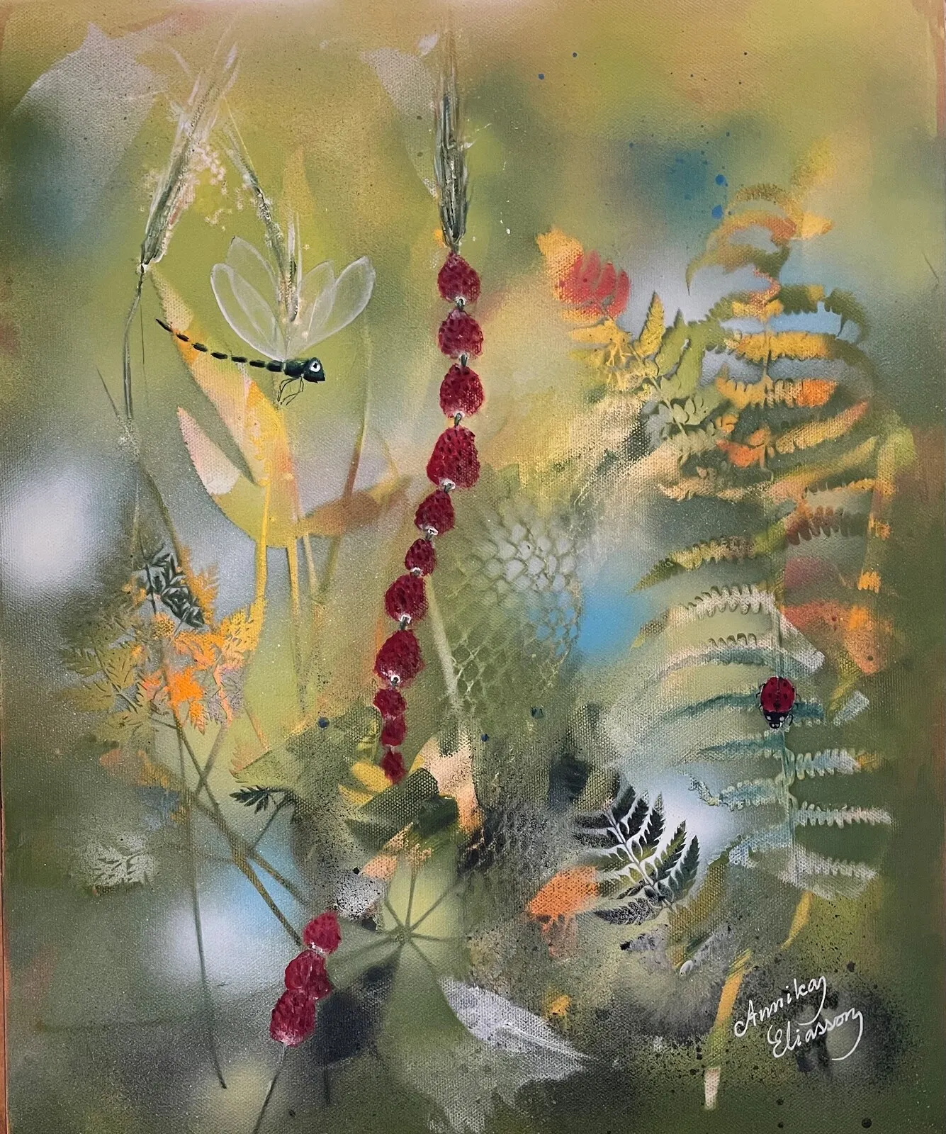 Akrylmålning Smultron på strå av Annika Eliasson