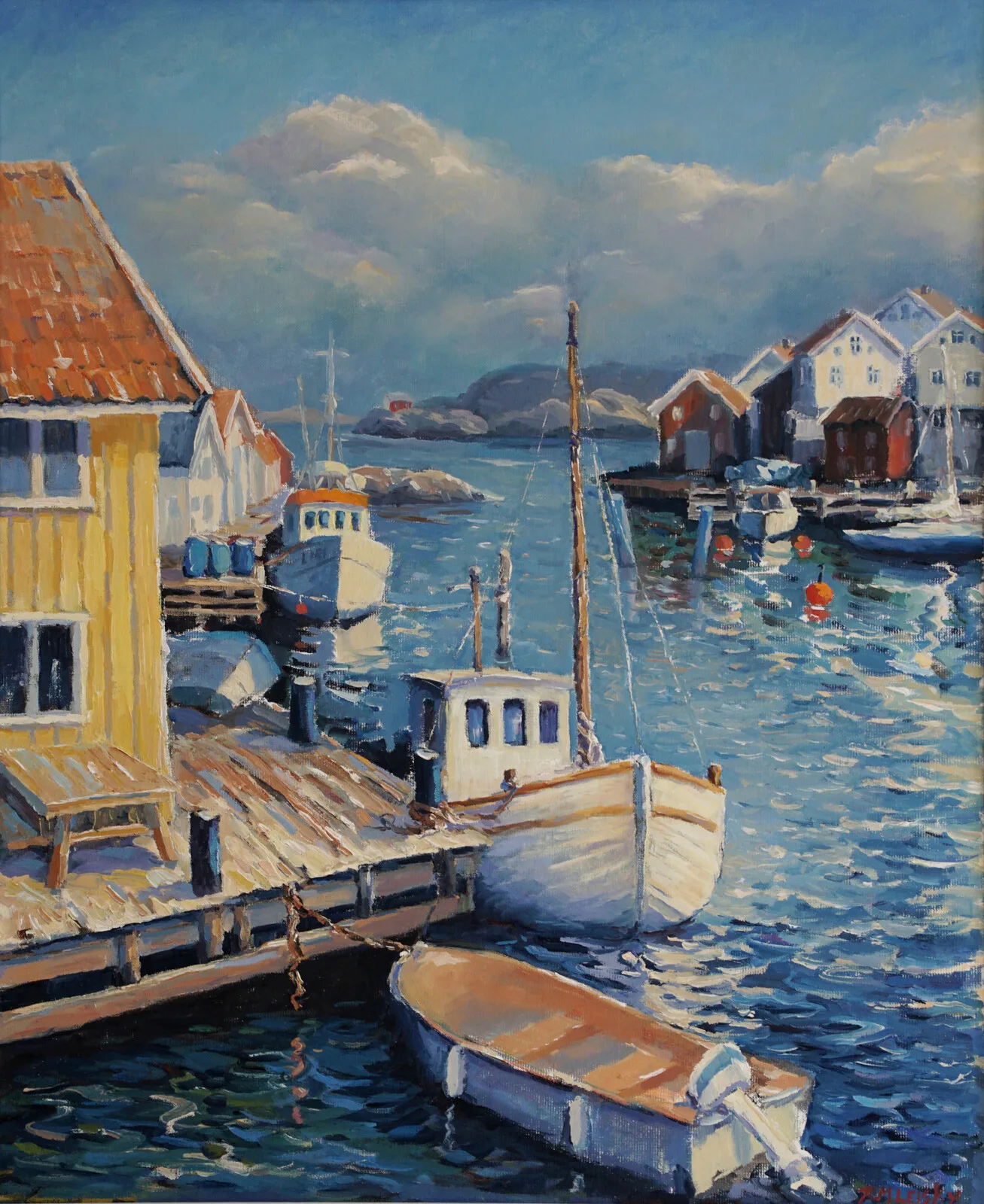 Oljemålning Gullholmen hamnen av Rosmarie Leisky