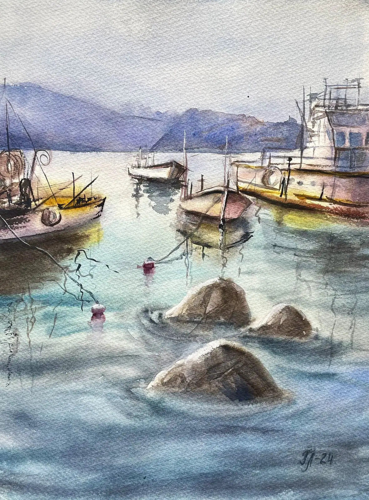 Akvarell Båtar vid stenar av Tanya Lundmark