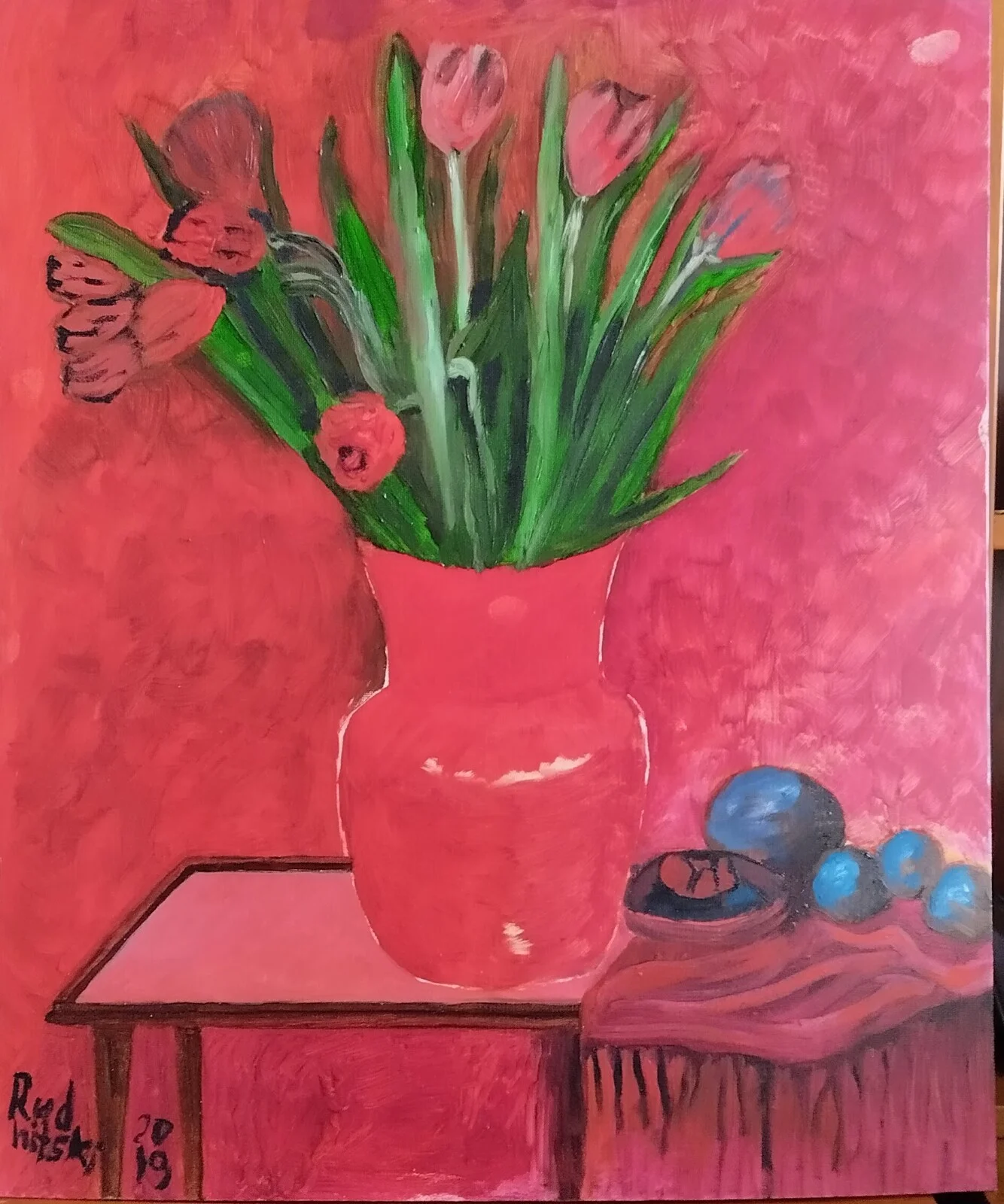 Oljemålning Blommor på röda backgrunden.. av Aminazin Van-Gogin