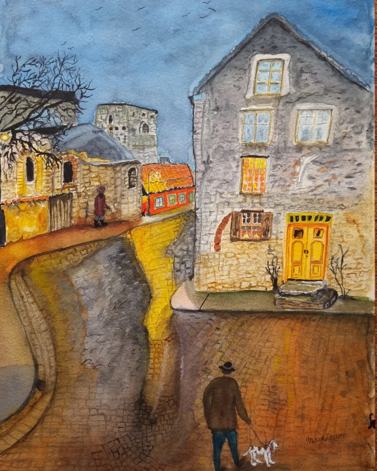 Akvarell Wisby by night av Marie Larsson