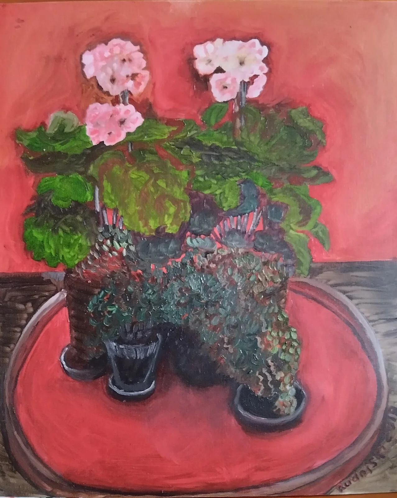 Oljemålning Blommor på en röd bricka.. av Aminazin Van-Gogin