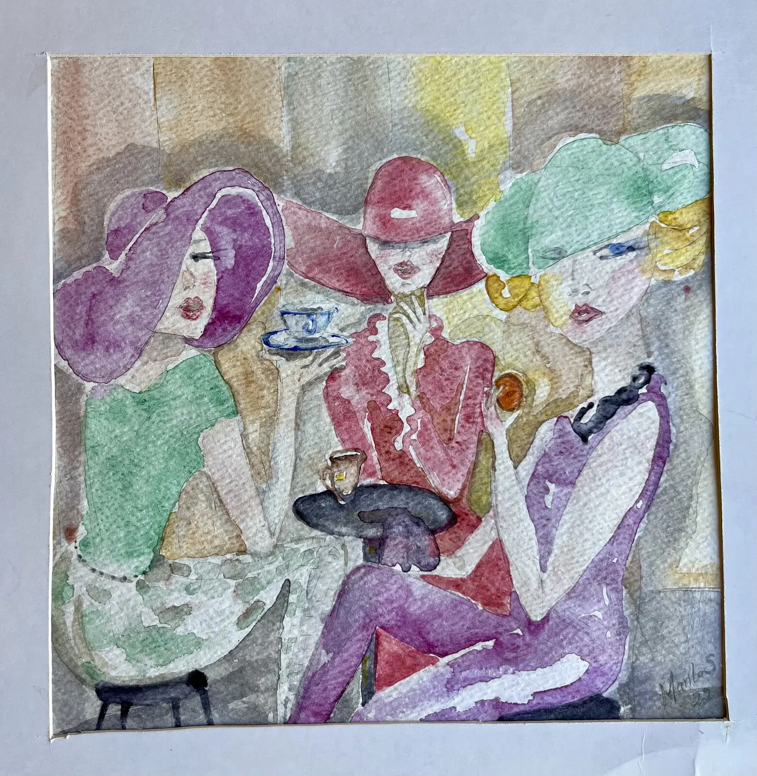 Akvarell 3 damer på café av Marita Skoglund