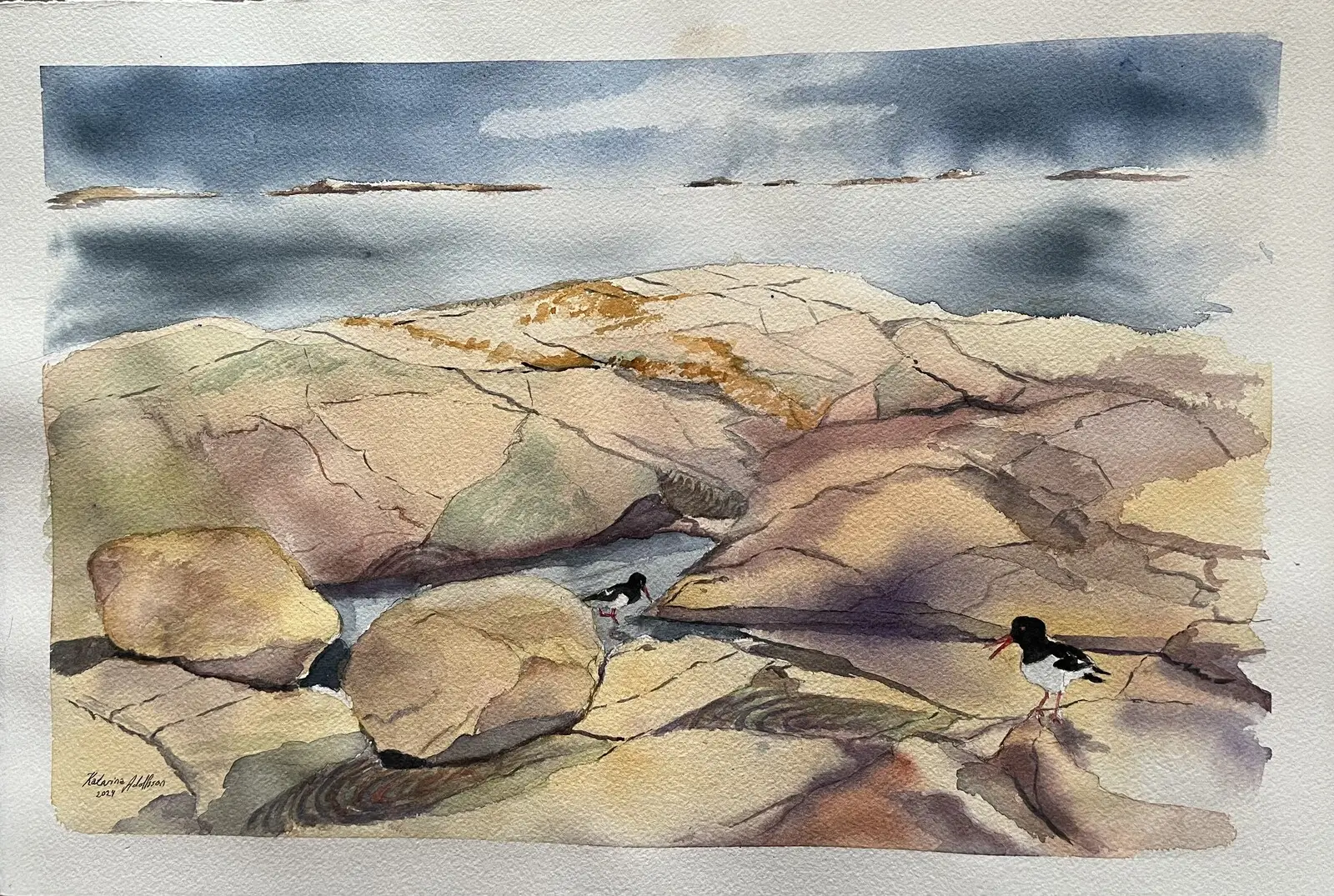 Akvarell Morgonpromenad - möte med strandskator av Katarina Adolfsson