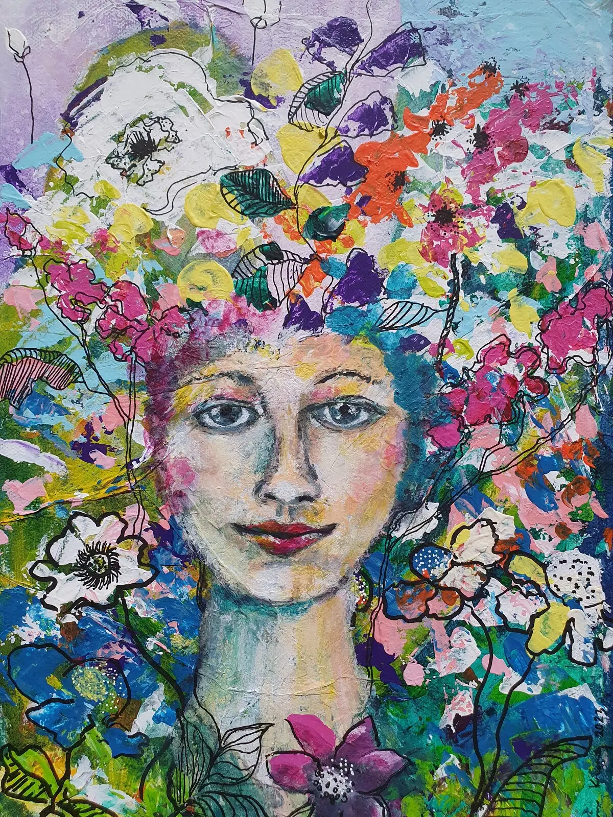 Akrylmålning Fröken Blomstertid av Karin Sandström Krantz