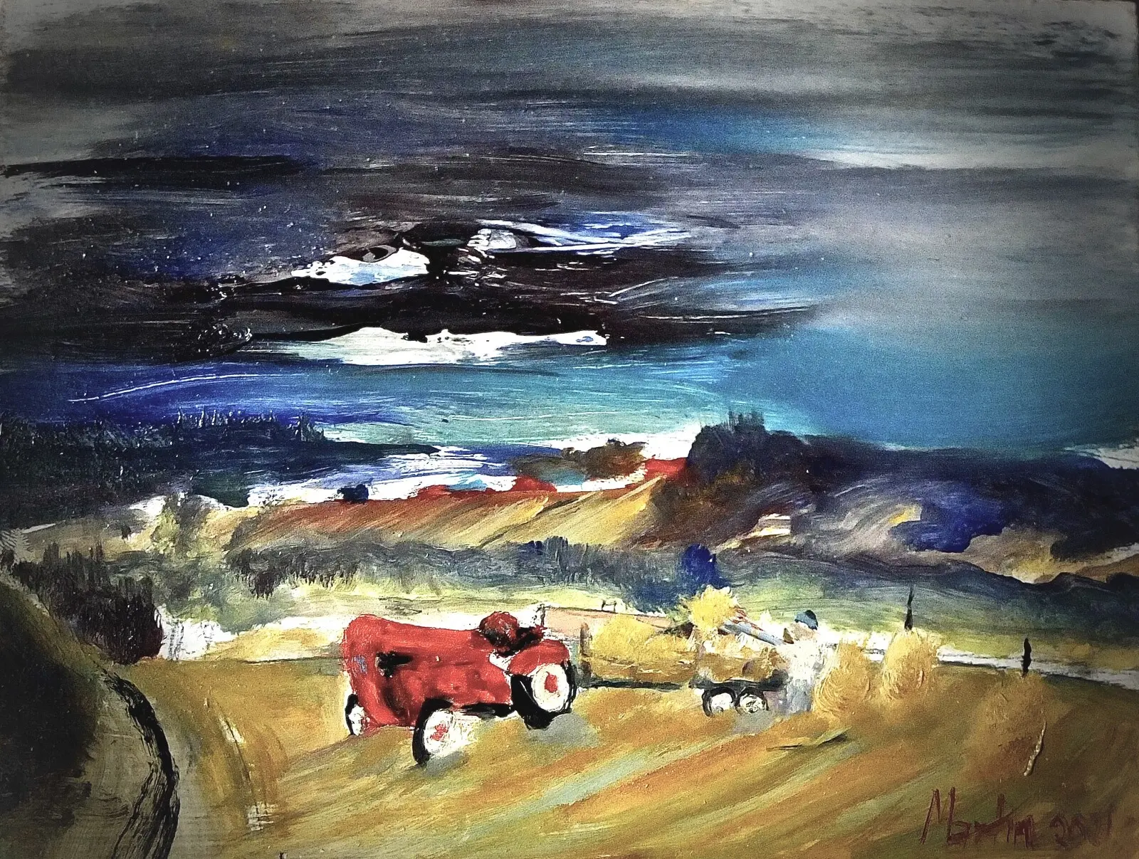 Oljemålning Porsche traktor på Svensgårdens fält av Martin Svensson