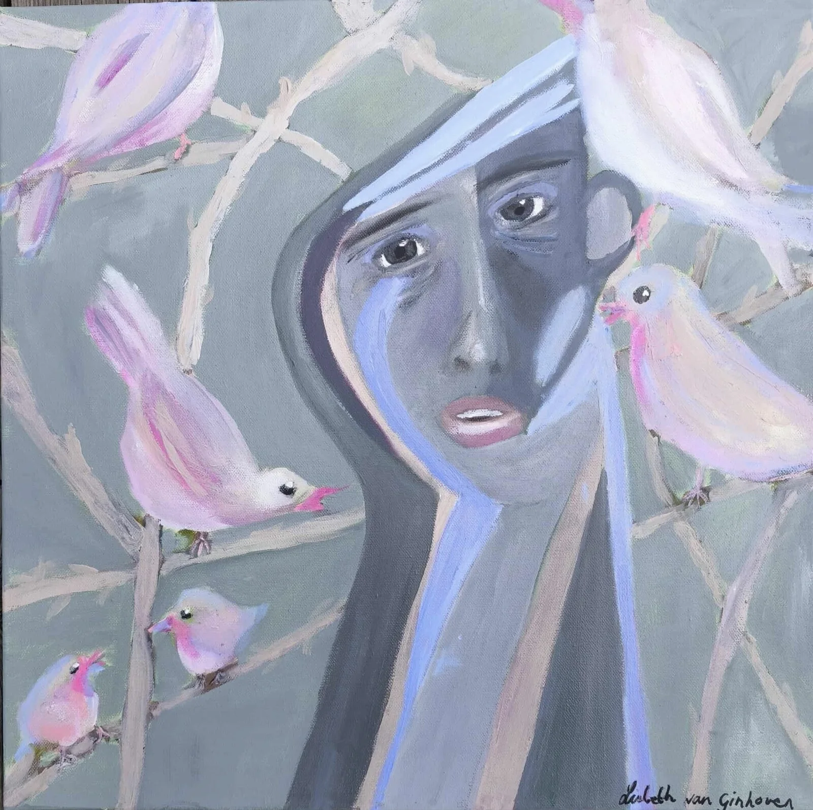 Oljemålning Inga träd- inga fåglar. Fattar du? av Lisbeth van Ginhoven