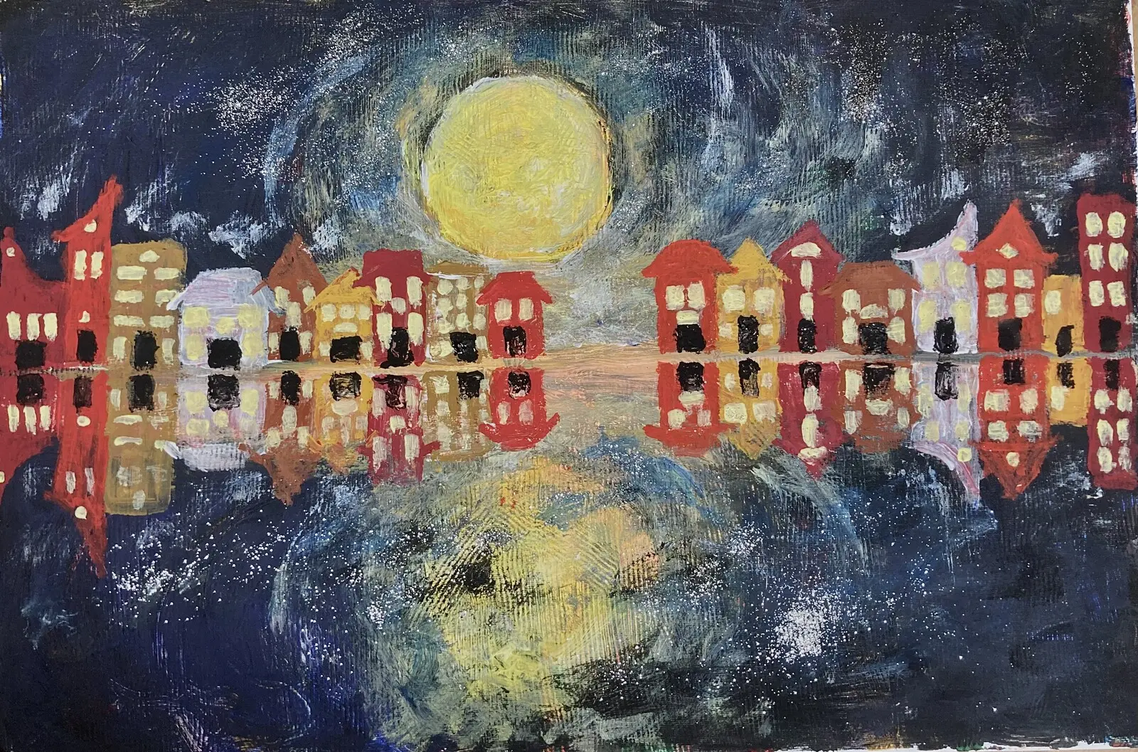 Akrylmålning En vanlig lite stad av Linda Abrahamsson La Arts Sweden