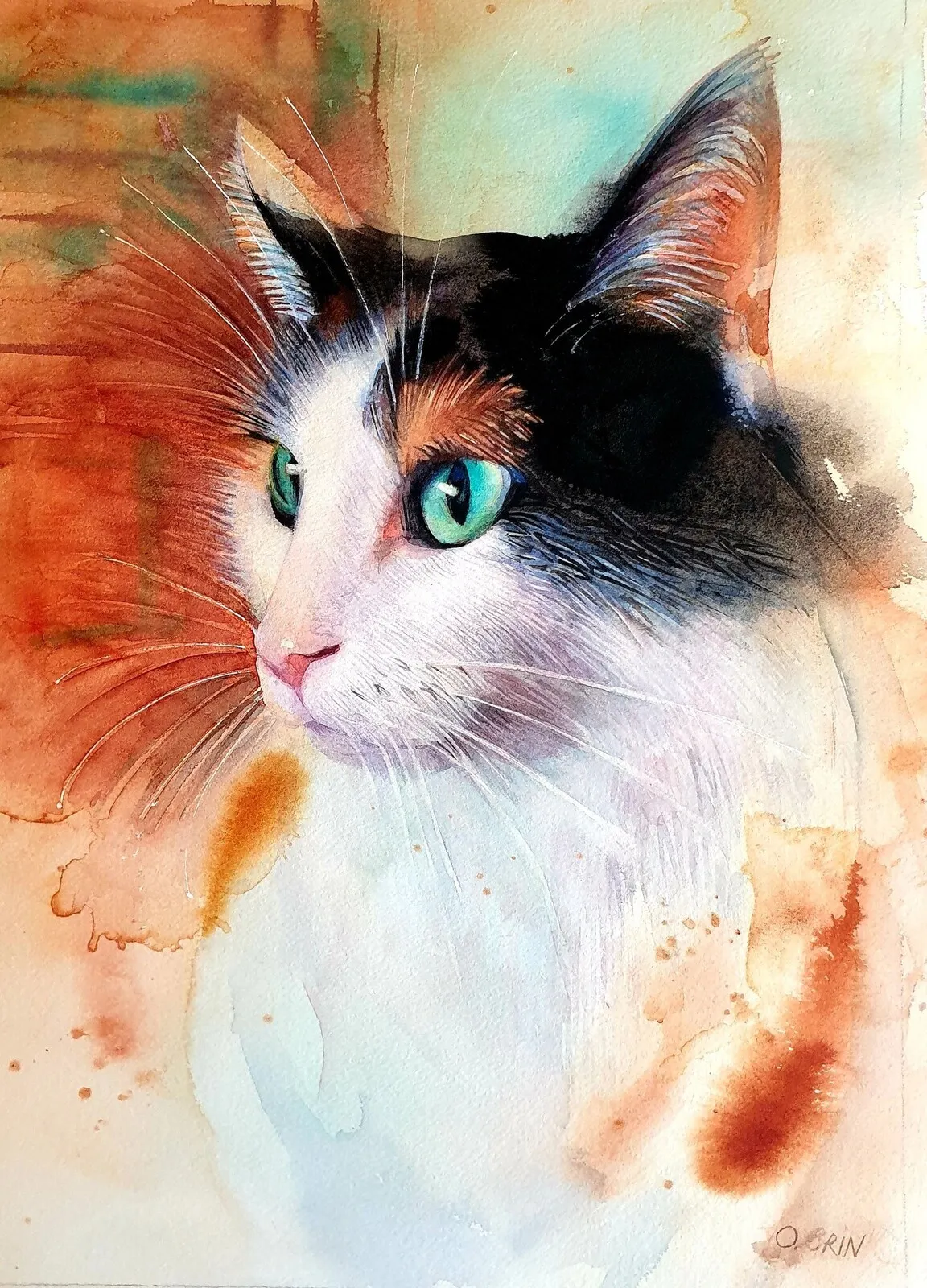 Akvarell Katt (inramad) av Olga Brink Art