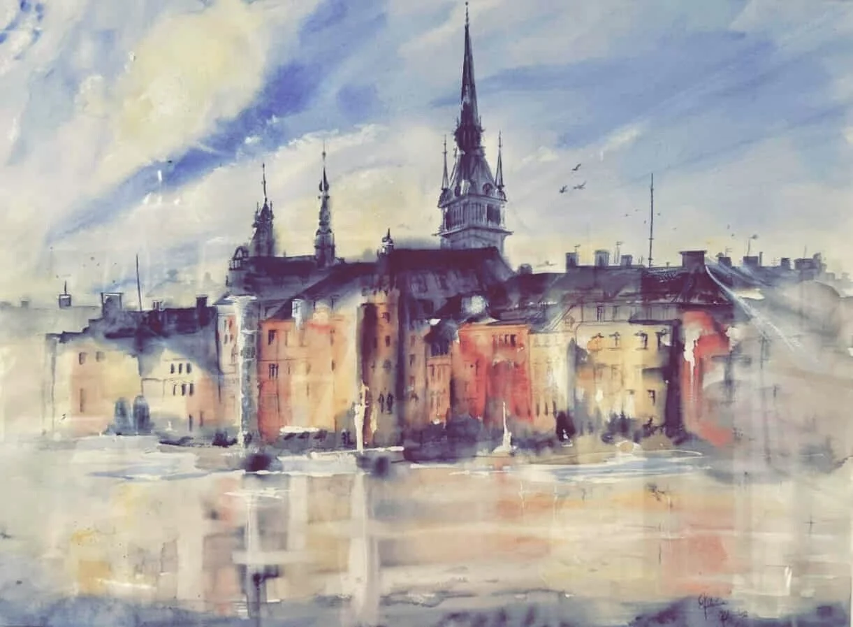 Akvarell Kornhamnstorg av Katarina Blomberg