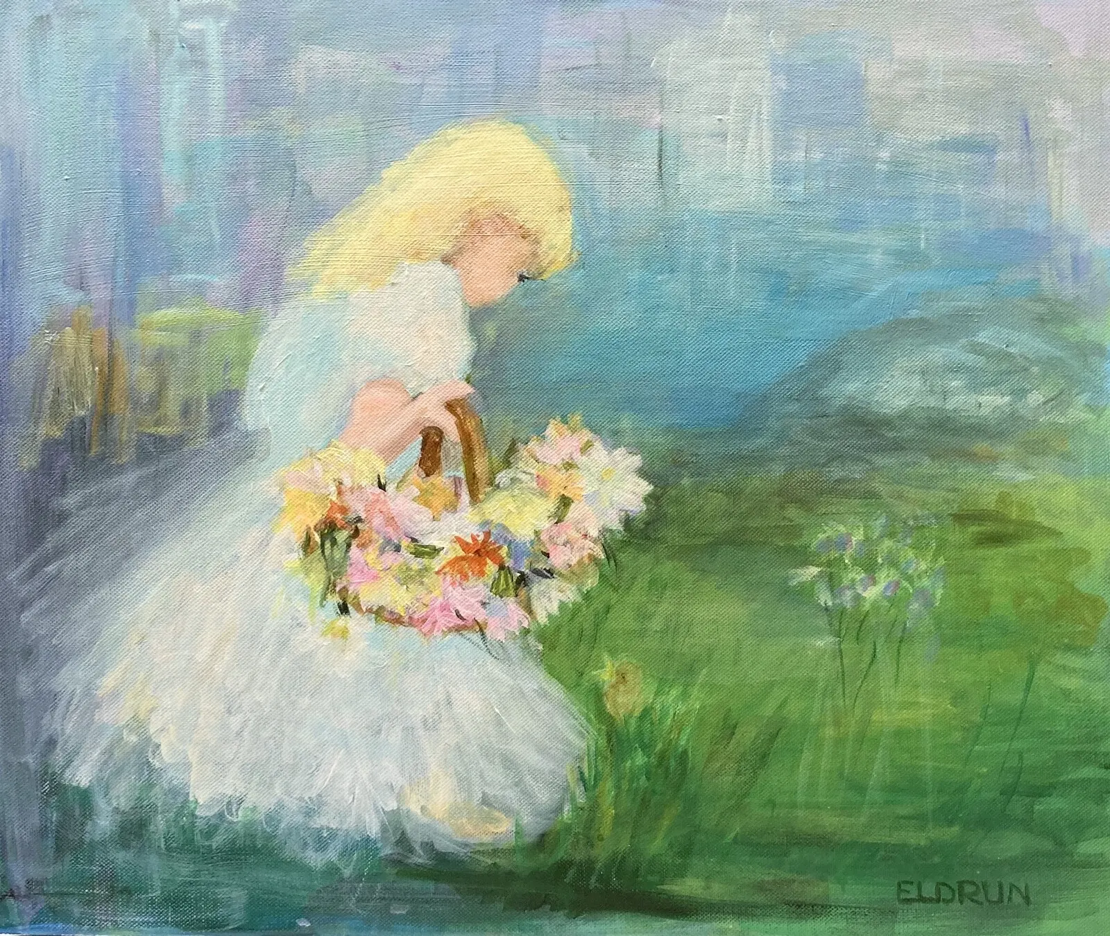 Akrylmålning Flicka med blomsterkorg av Eldrun Keiseraas Flink