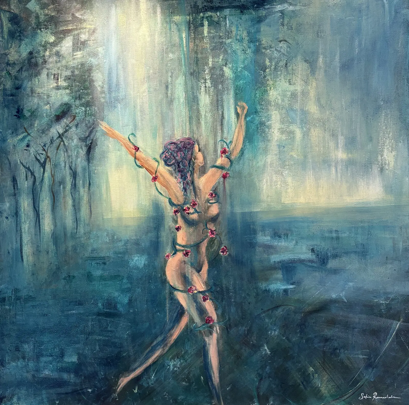 Akrylmålning Into the woods av Sofia Romedahl