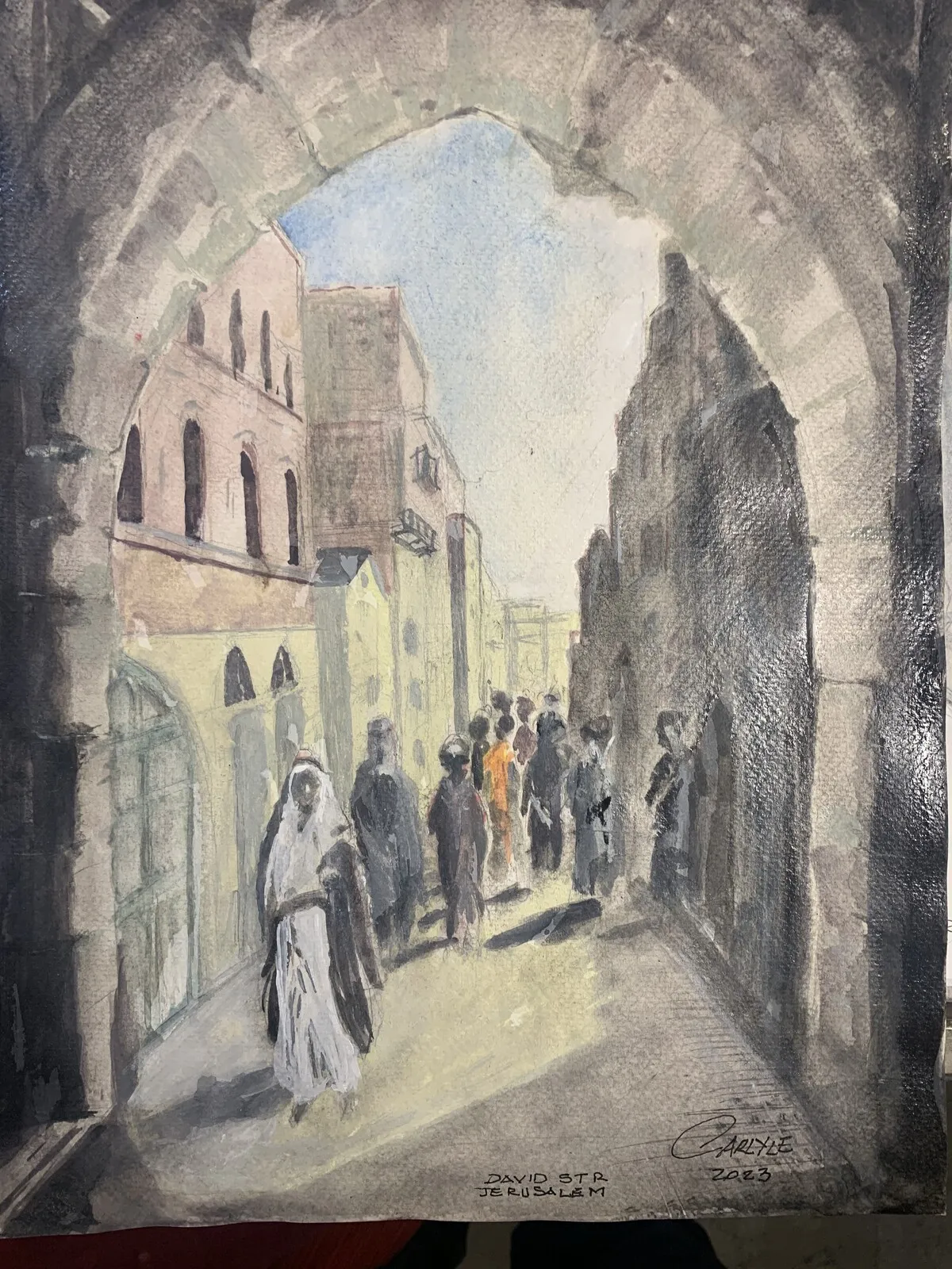 Akvarell Davis Street Jerusalem av Carlyle Minnaar