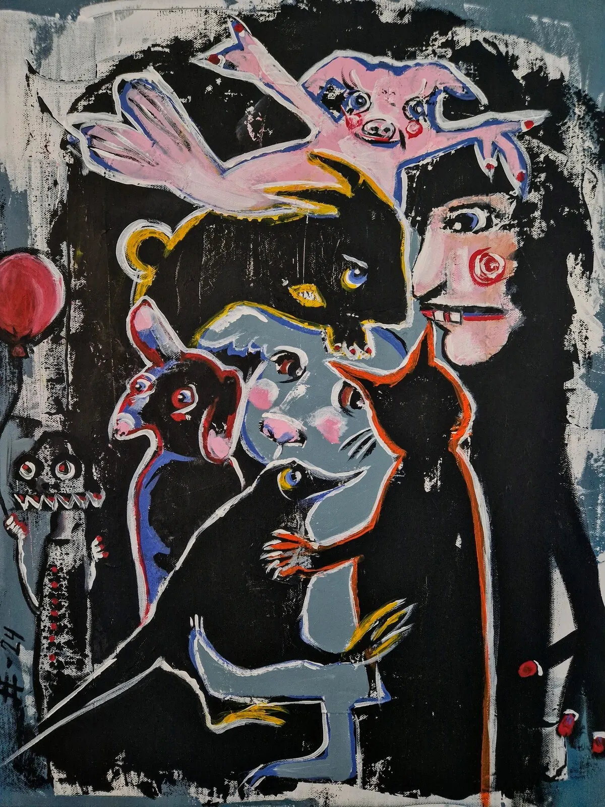 Akrylmålning The man with many pets av Erika Eriksson