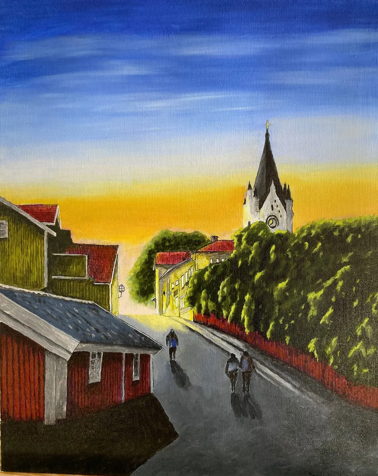 Akrylmålning Solnedgång över Nora kyrka av Bernt Svanberg