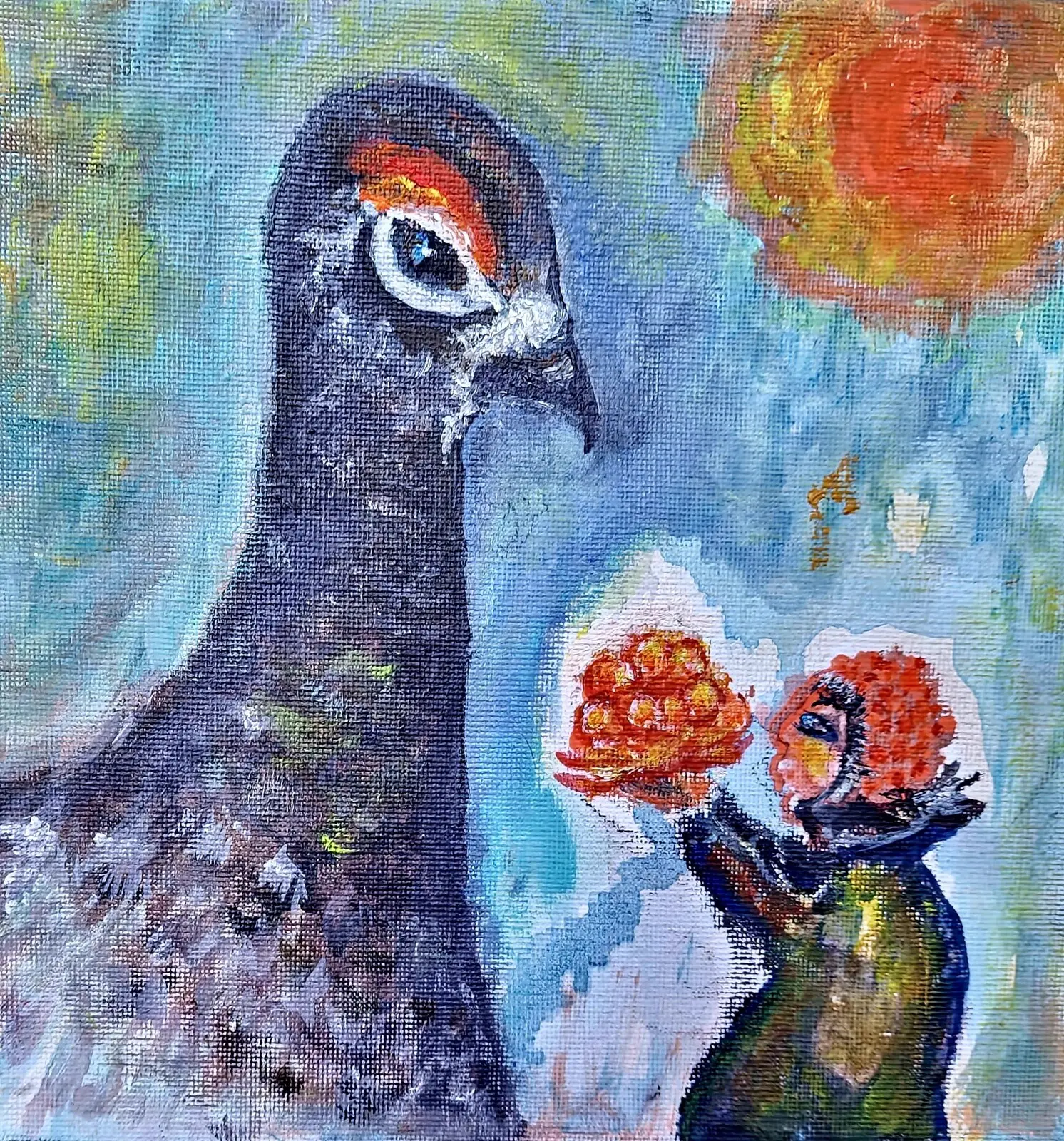 Oljemålning Ripan och hjortronflickan av Boel Franck