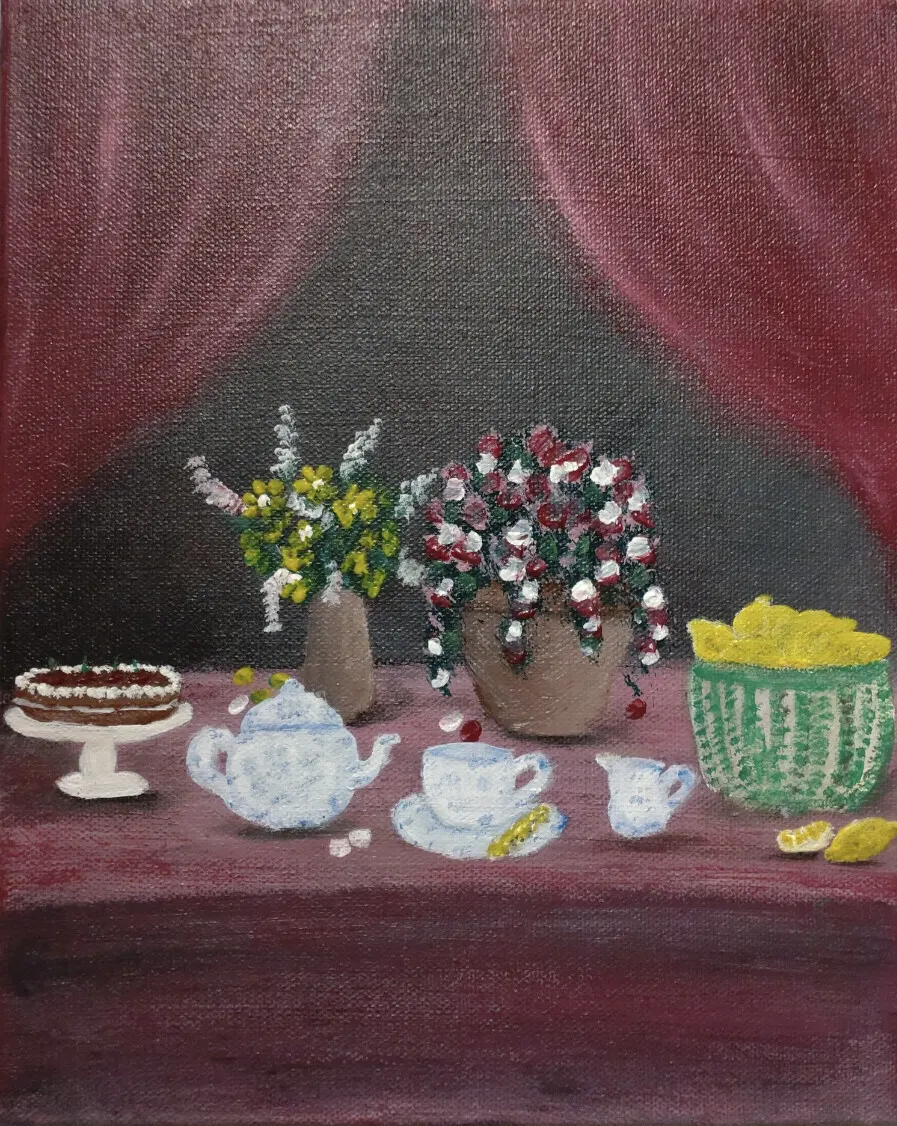 Akrylmålning Fikastund av Fatima Khaled