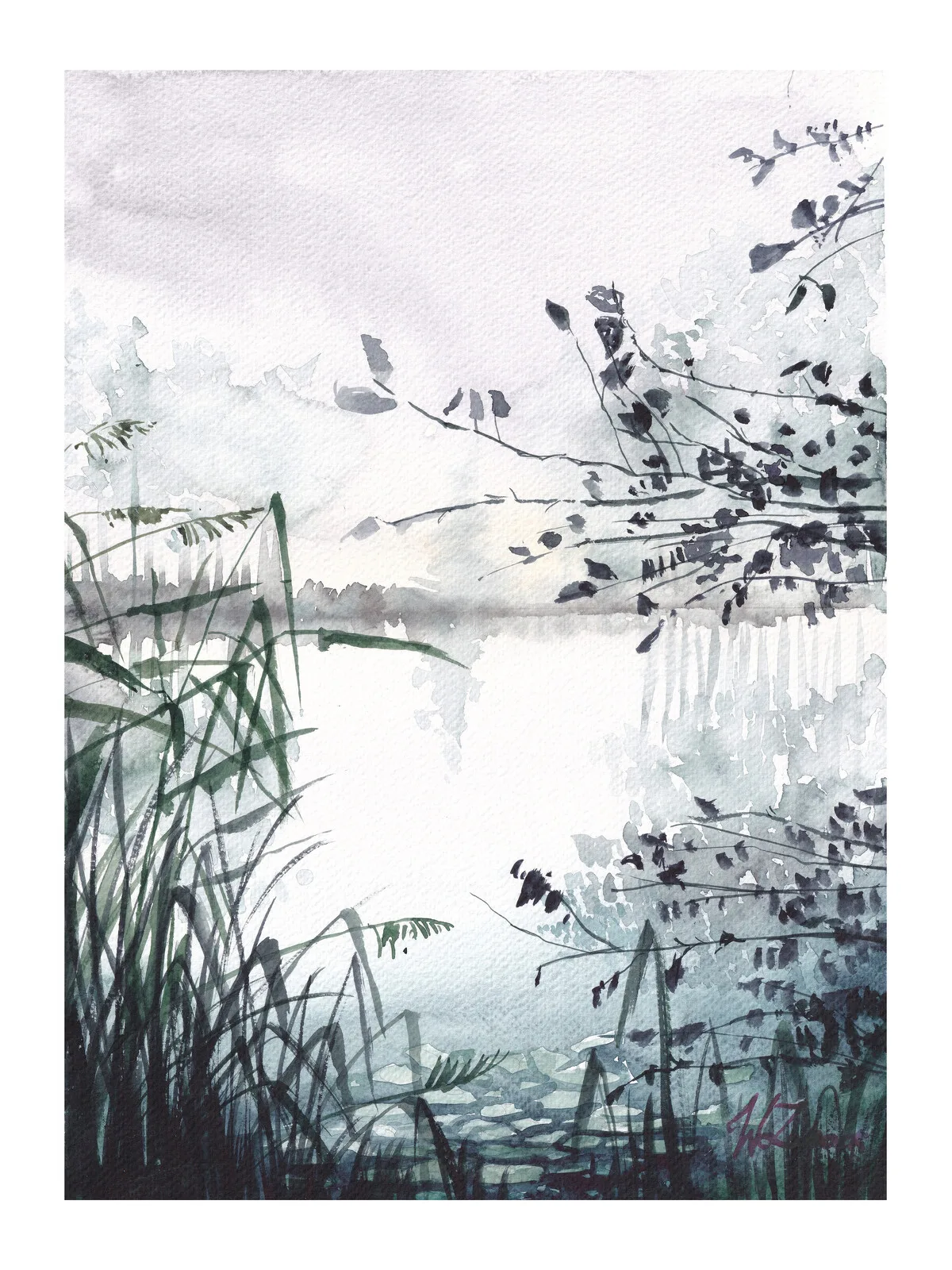 Akvarell Calm lake / Lugn sjö av Weronika Zaborek