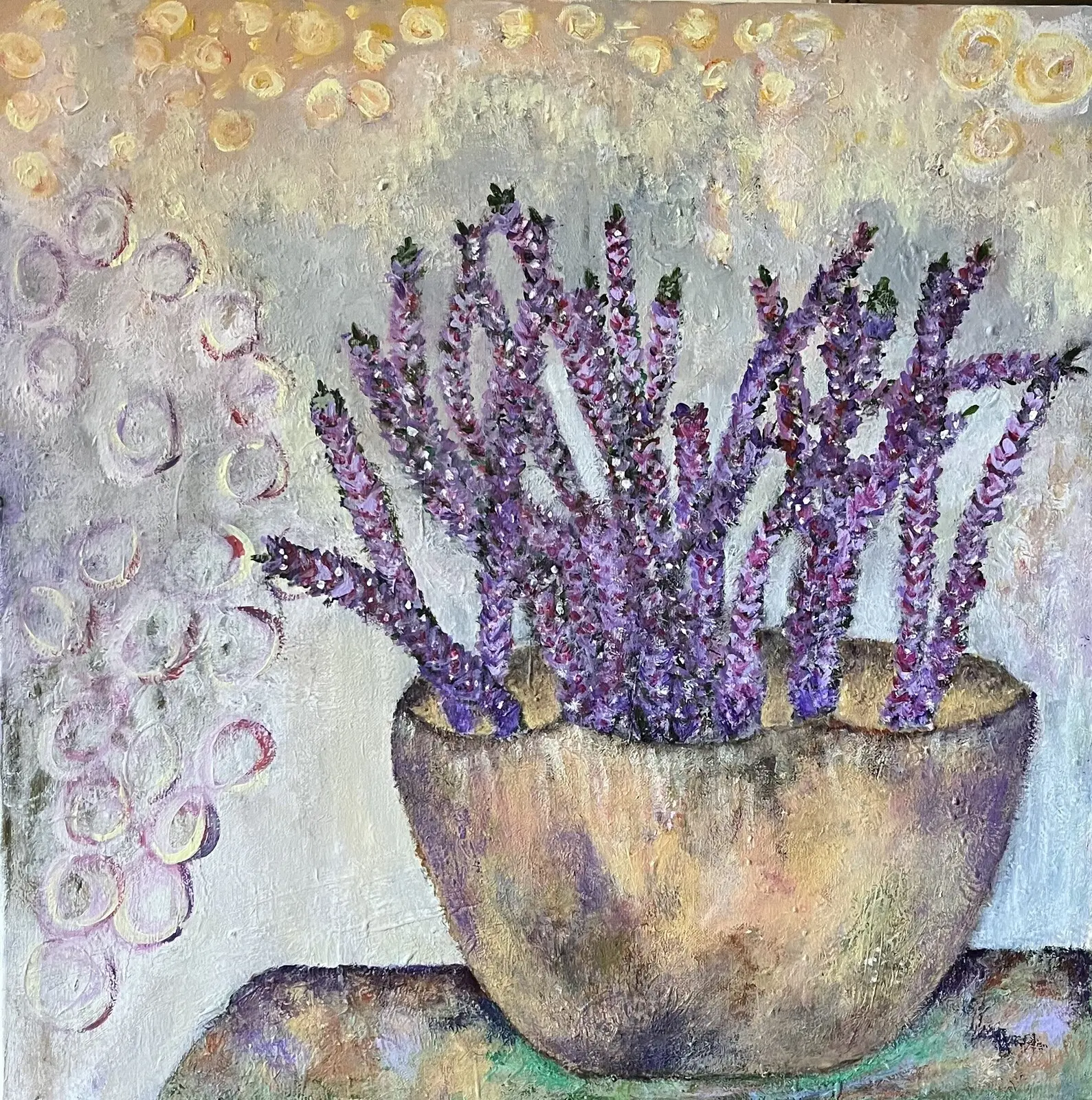 Akrylmålning Kruka med ljung av Christina Åsbäck