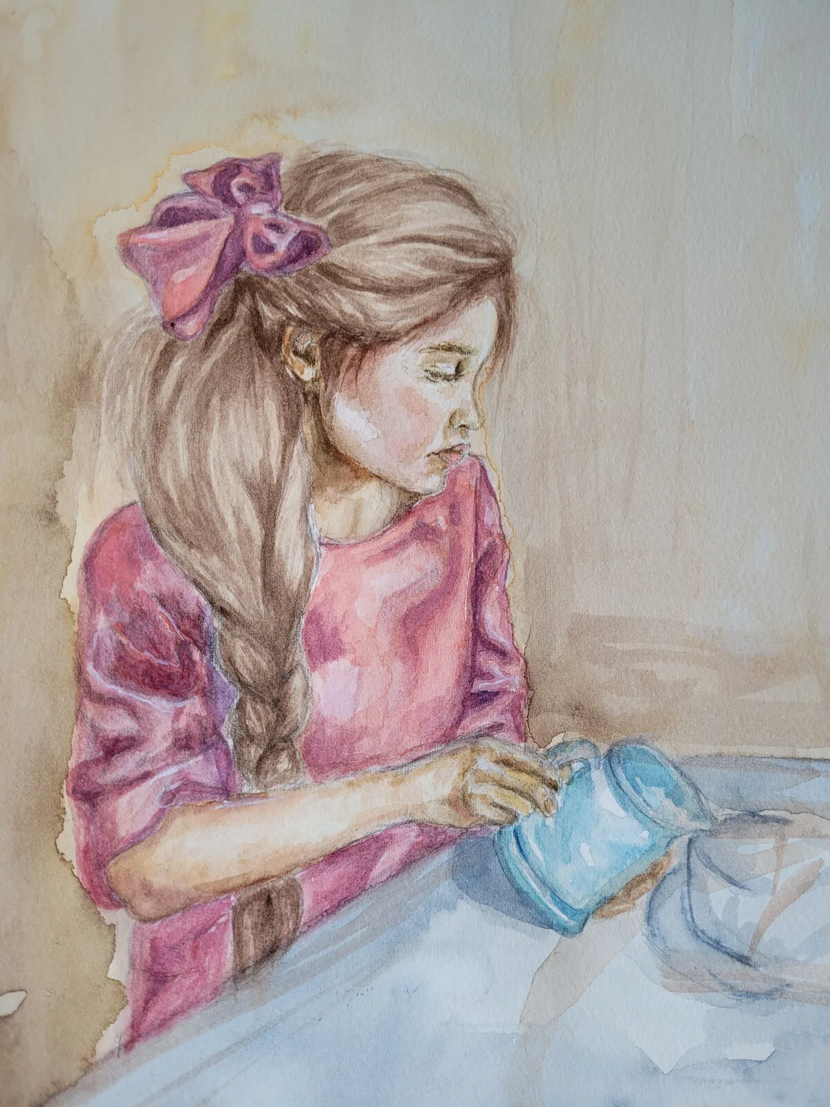 Akvarell Flickan dricker te av Sandra Nilsson