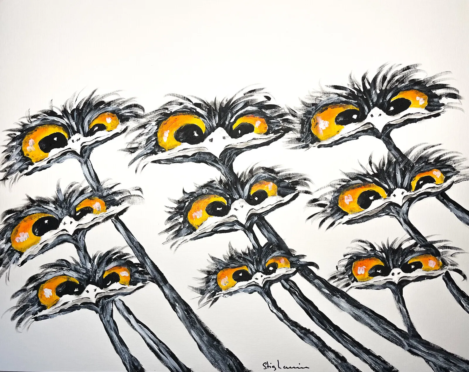 Akrylmålning Strutsar nr. 285 av Stig Laurin