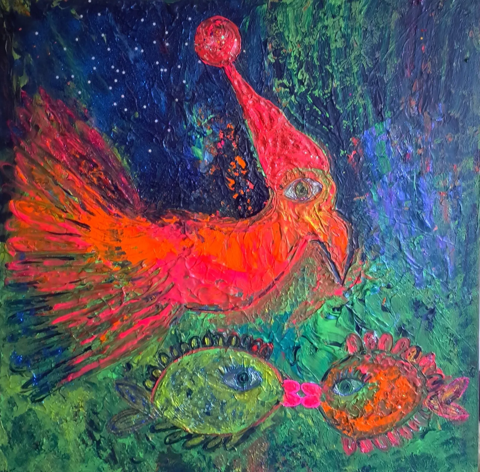 Akrylmålning Birdie-Tomte Fish-Tom och Sonja, när midnatt råder. av Liselott Ringström