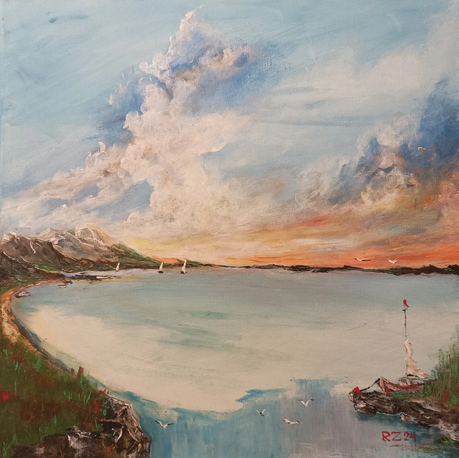 Akrylmålning Måsarnas rop på stranden av Robertas Zabitis