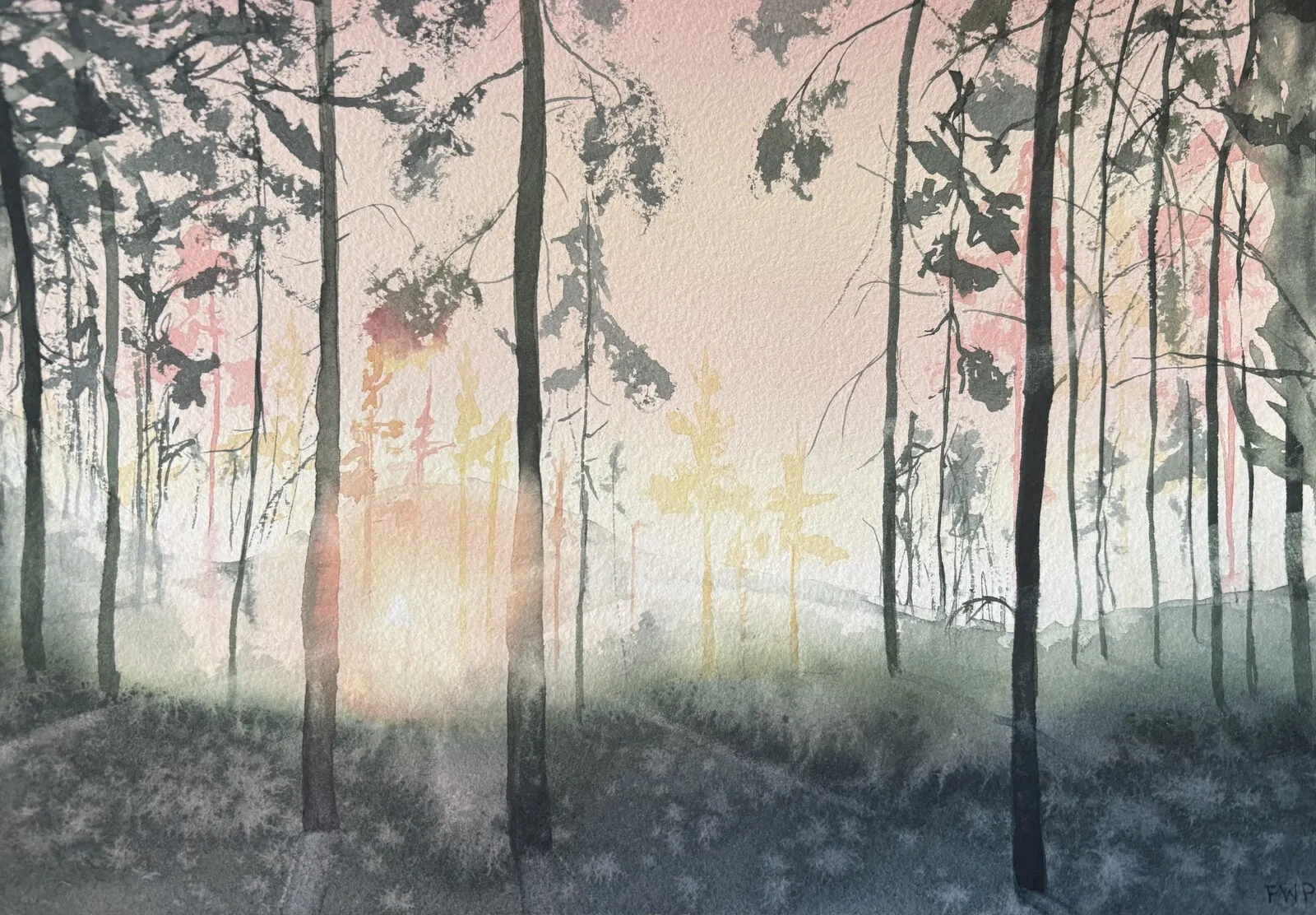 Akvarell Soluppgång i skogen nr 4 av Frida Westlund Prändel