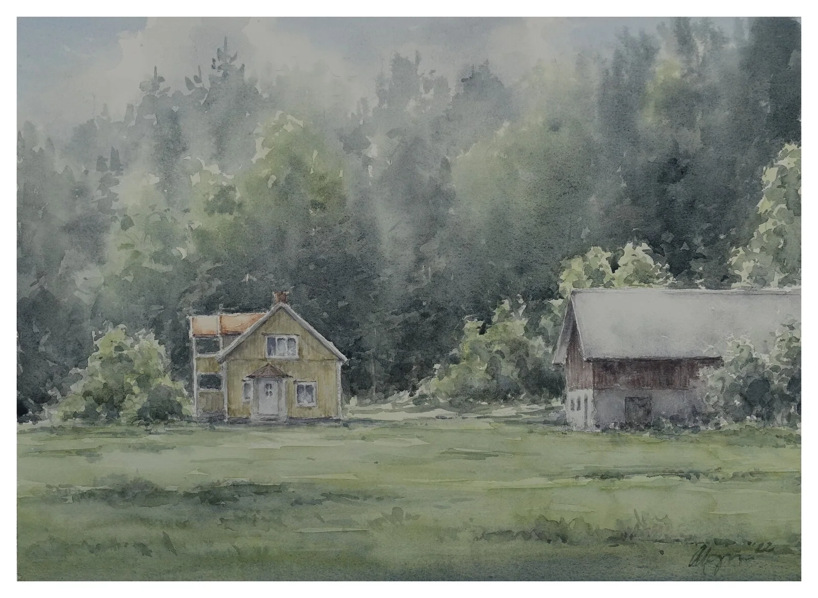 Akvarell Det gula huset av Ingela Alvmyren