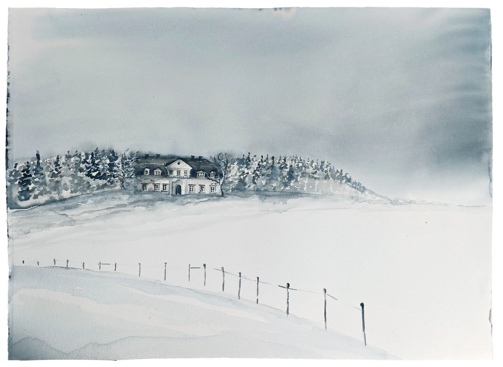 Akvarell Herrgård i Vinterlandskap av Daniel Zausnig