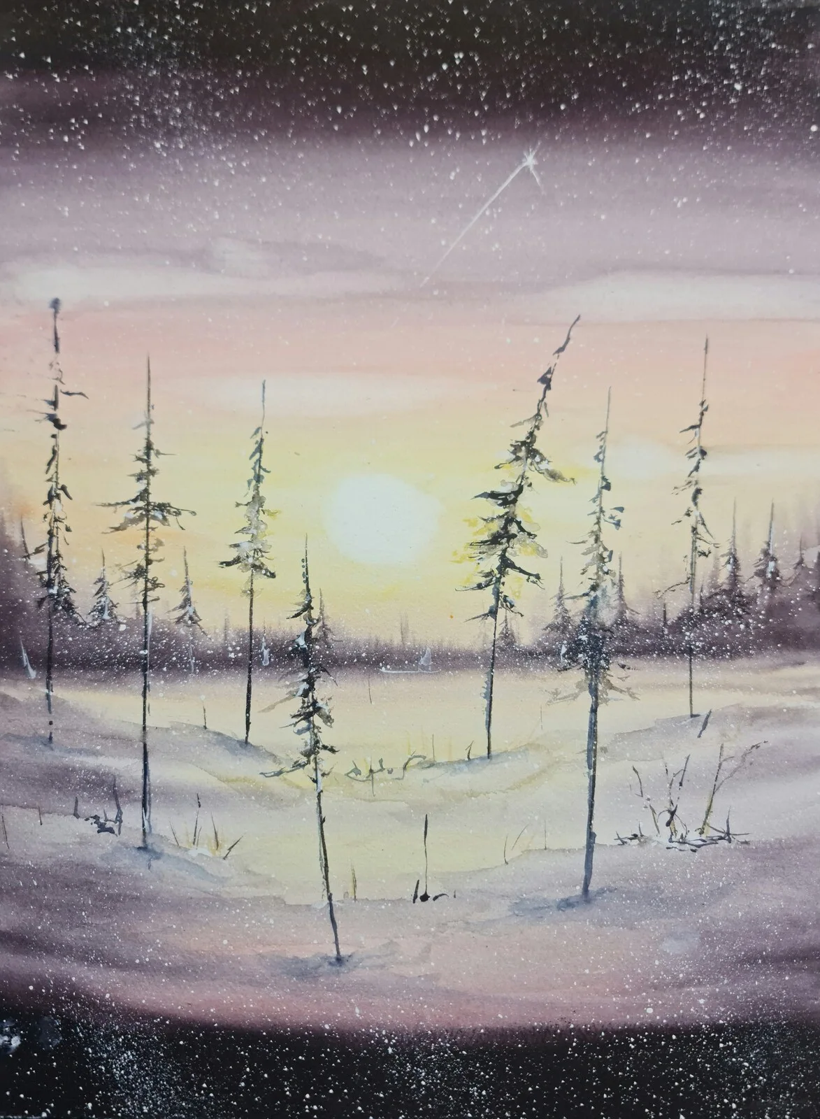 Akvarell Golden Glow in the Snow av Pernilla Carlsson